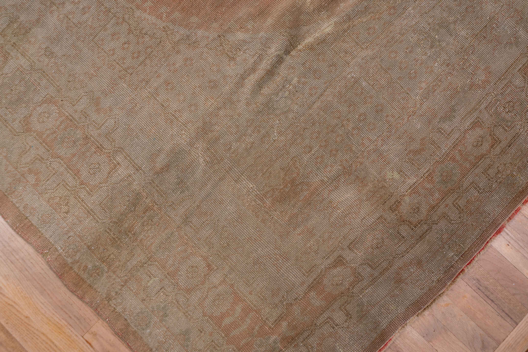 11' x 13' one-of-a-kind handmade antique Oushak oversize rug. Color palette: blush, taupe, ivory, rose, beige, camel