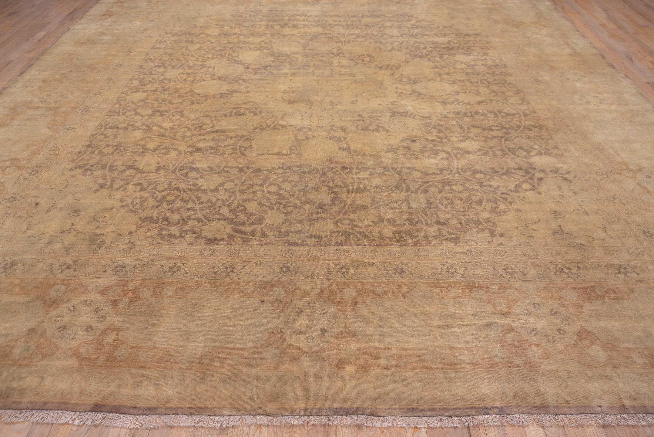13' x 13' one-of-a-kind handmade antique Sivas oversize rug. Color palette: beige, taupe, camel, ivory, sand, peach, rose