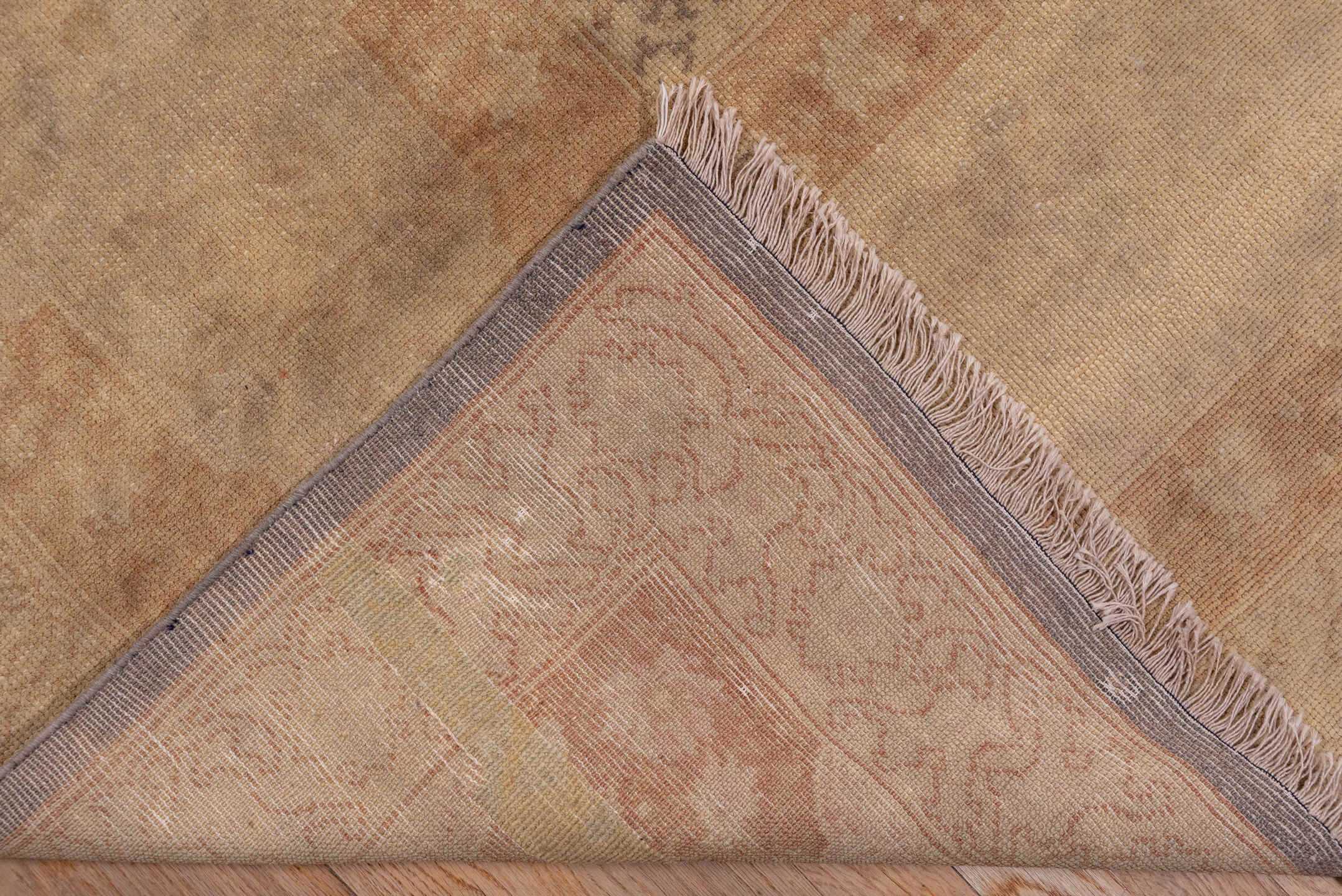 13' x 13' one-of-a-kind handmade antique Sivas oversize rug. Color palette: beige, taupe, camel, ivory, sand, peach, rose