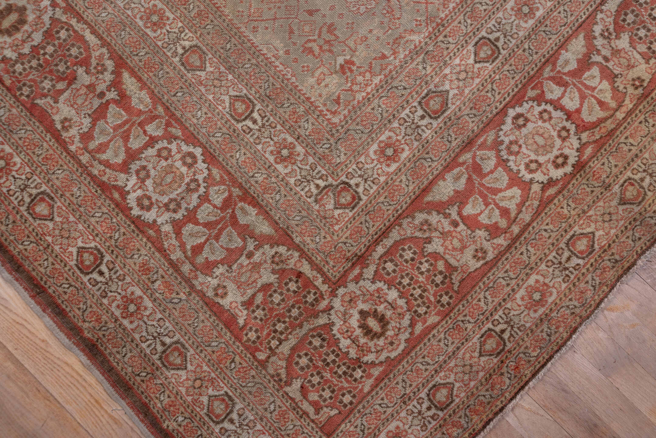 11' x 14' one-of-a-kind handmade antique Tabriz oversize rug. Color palette: rose, ivory, terra cotta, taupe, camel, sienna