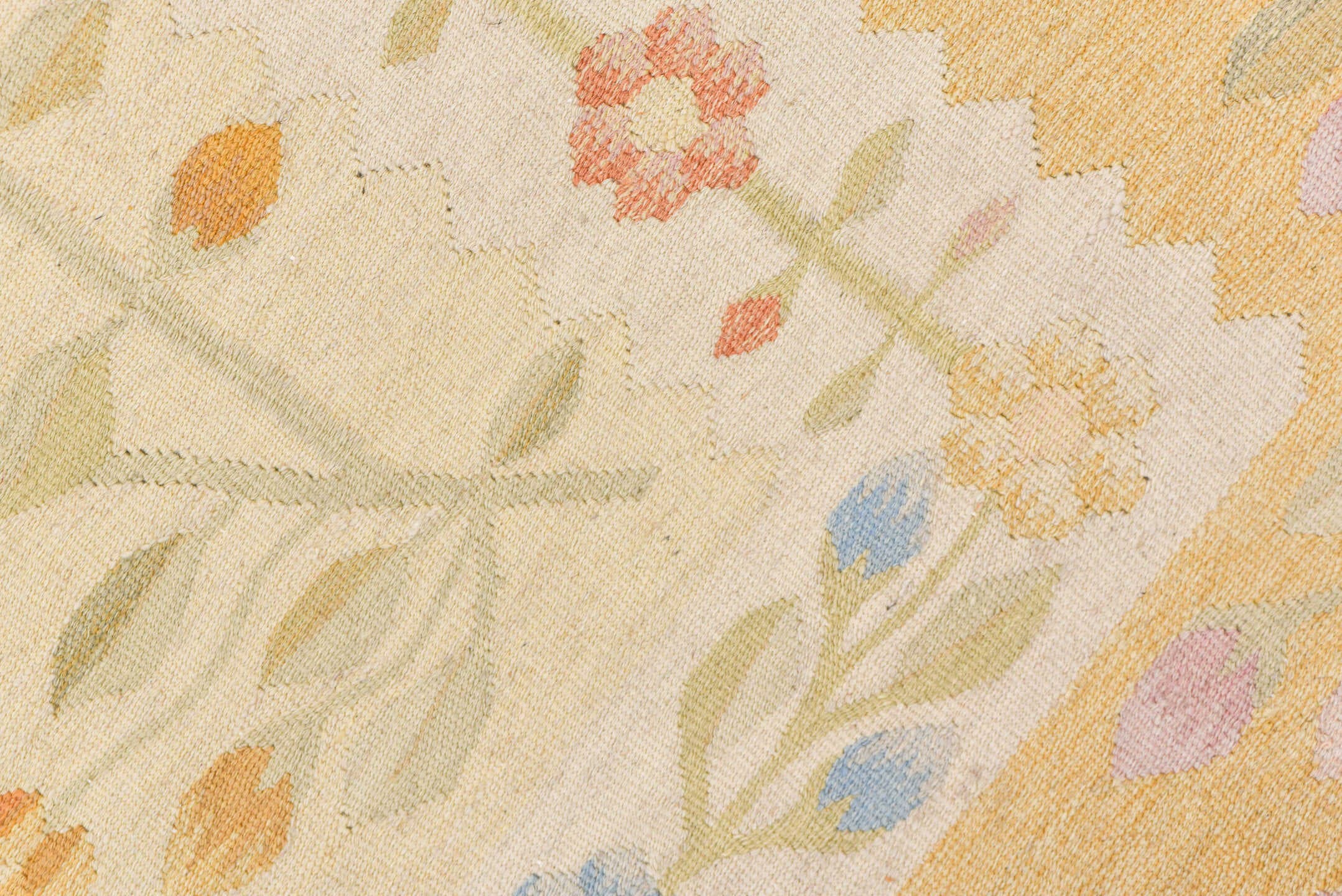 4' x 7' one-of-a-kind handmade antique Besserabian rug. Color palette: ivory, gold, camel, sky_blue, blush, sage, peach