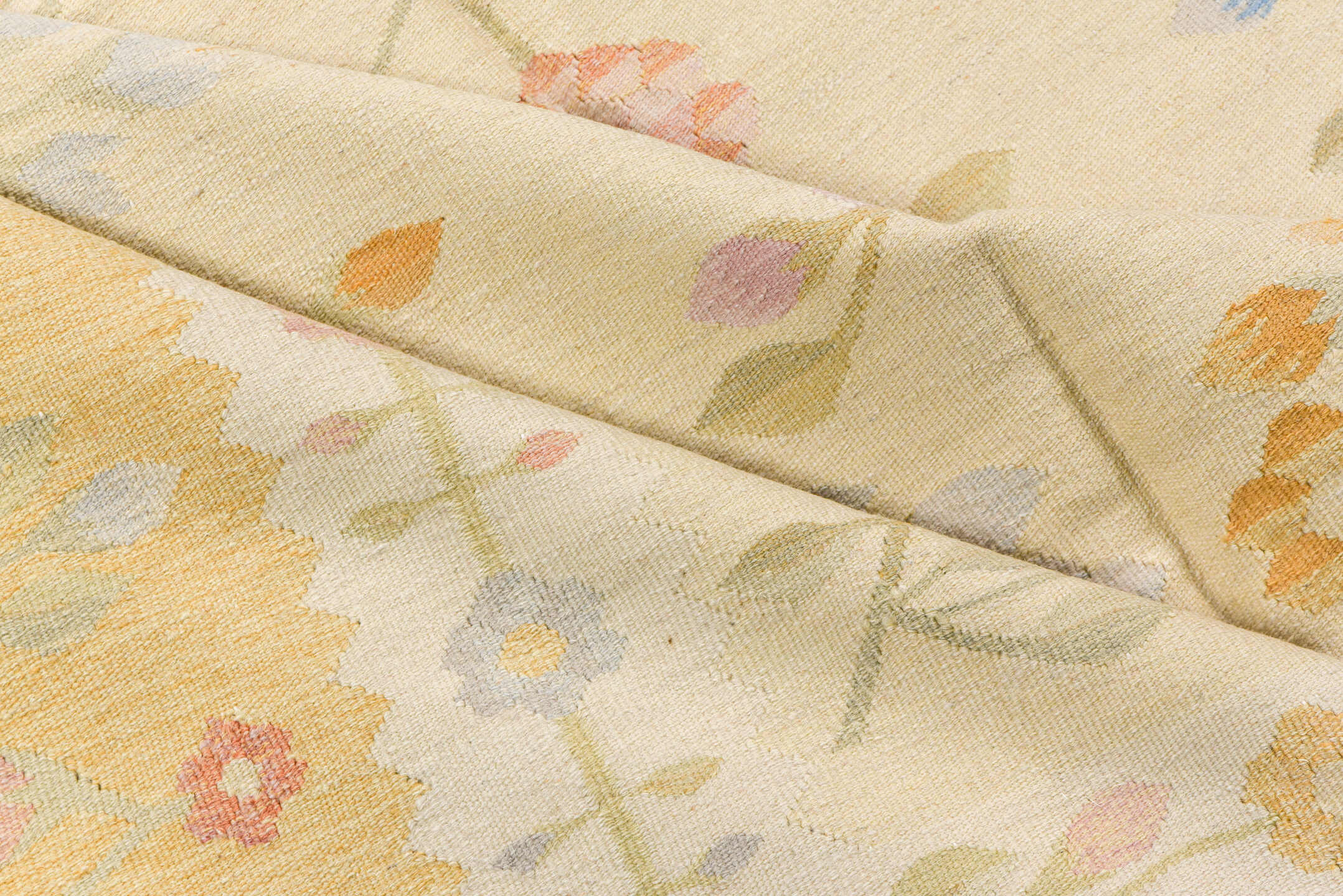 4' x 7' one-of-a-kind handmade antique Besserabian rug. Color palette: ivory, gold, camel, sky_blue, blush, sage, peach
