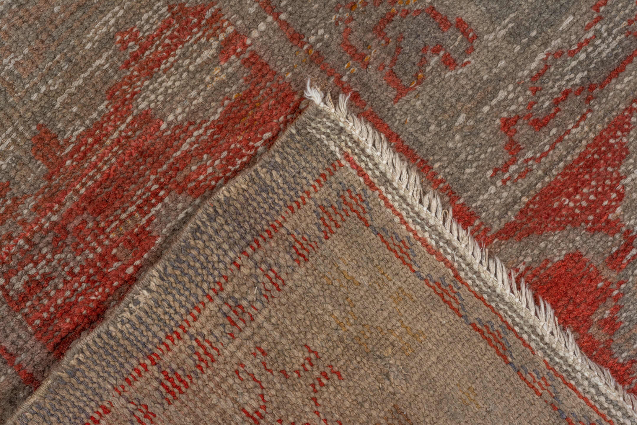 7' x 9' one-of-a-kind handmade vintage Oushak rug. Color palette: brown, gray, pink, red, wine