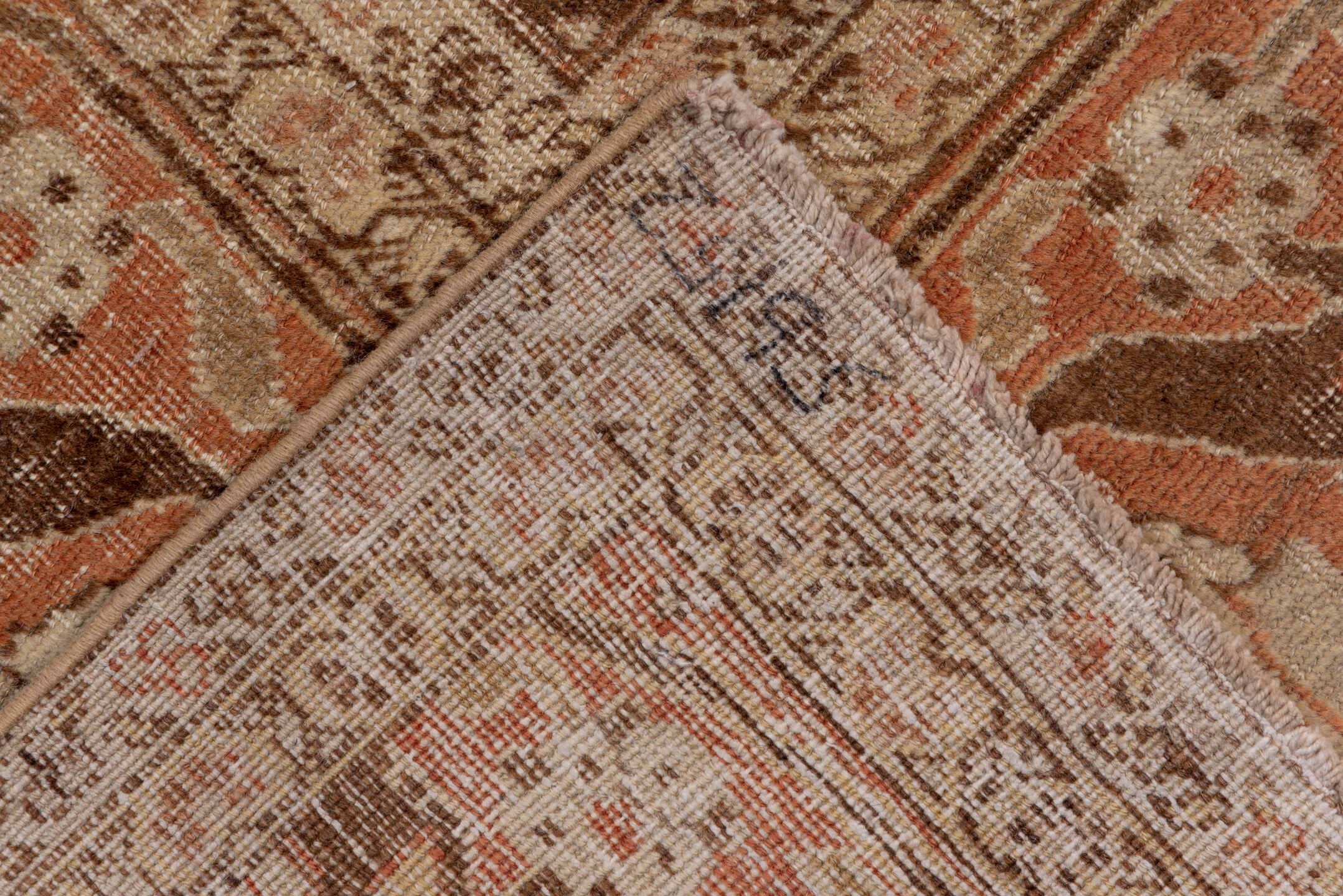 10' x 18' one-of-a-kind handmade antique Tabriz rug. Color palette: camel, taupe, ivory, tan, terra cotta, brown, pale blue