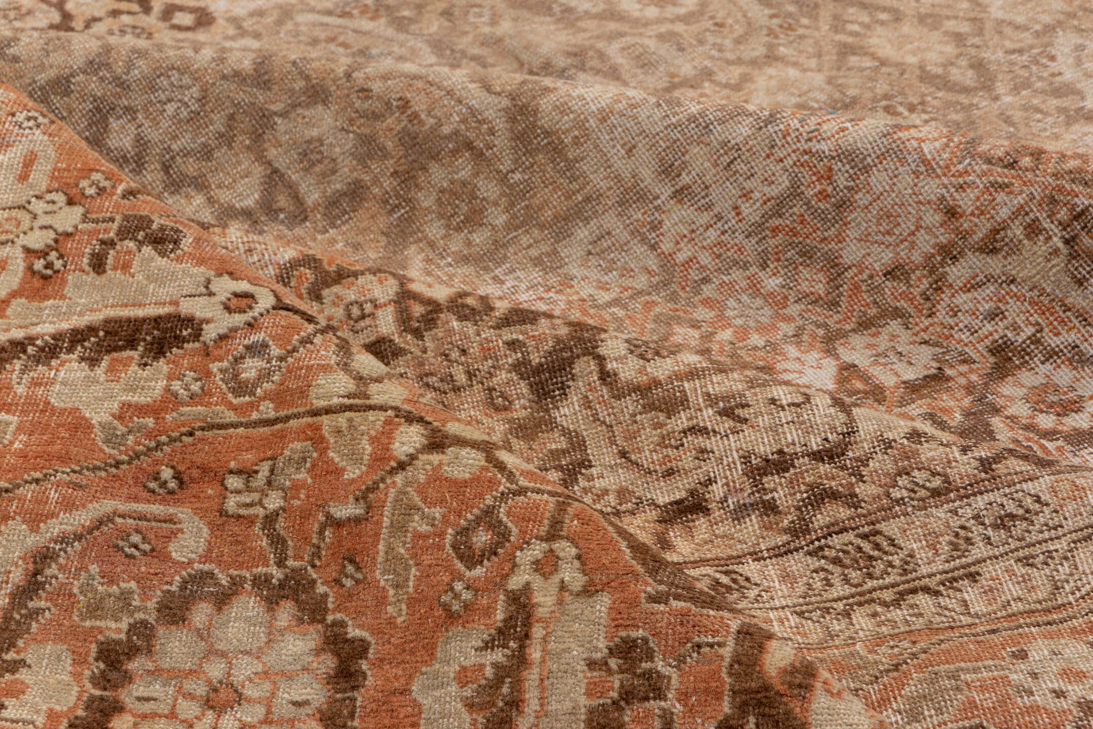 10' x 18' one-of-a-kind handmade antique Tabriz rug. Color palette: camel, taupe, ivory, tan, terra cotta, brown, pale blue