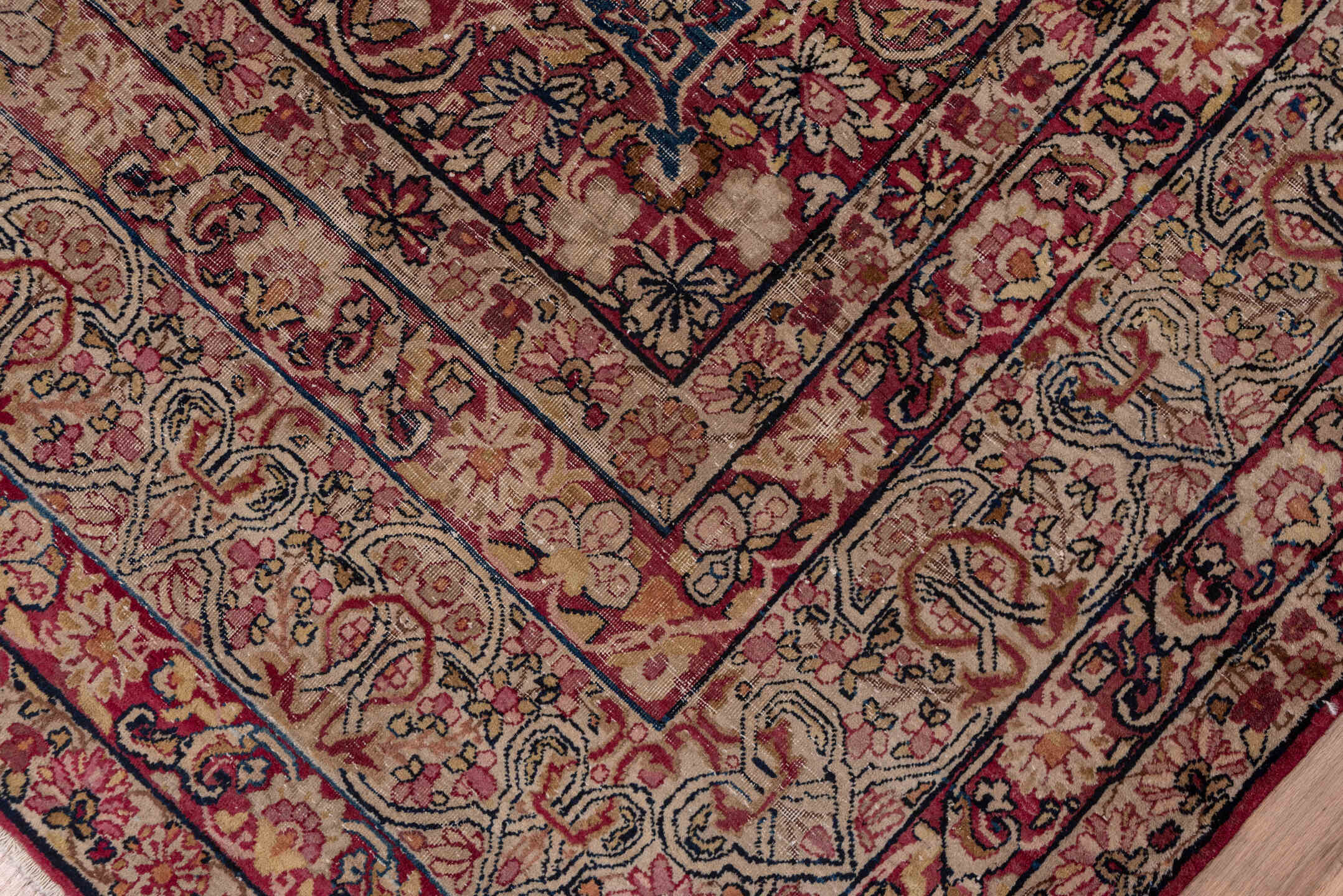9' x 11' one-of-a-kind handmade antique Lavar large size rug. Color palette: ivory, rose, burgundy, navy, dusty blue, blush