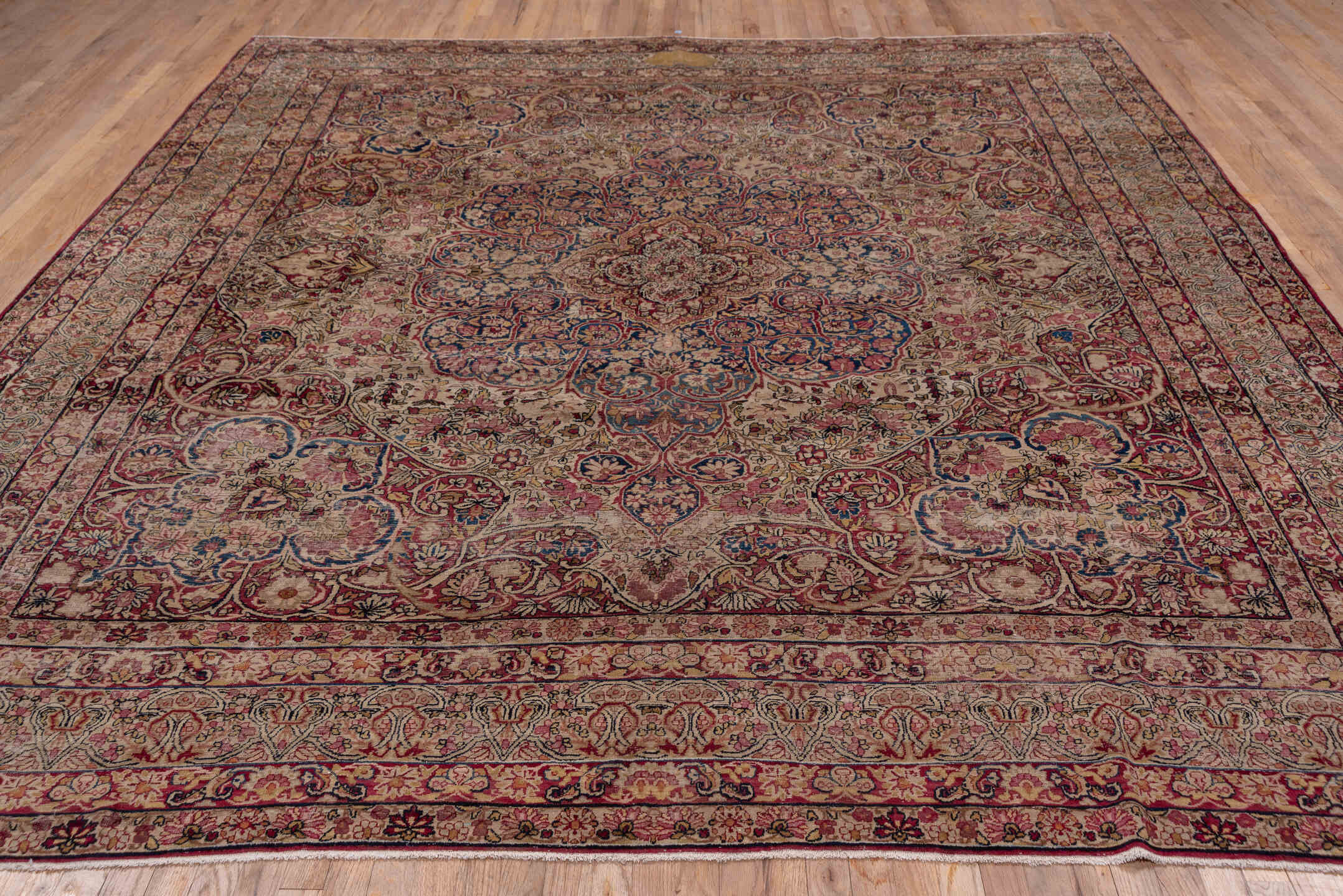 9' x 11' one-of-a-kind handmade vintage Lavar large size rug. Color palette: black, blue, brown, dim gray, gray, pink, red