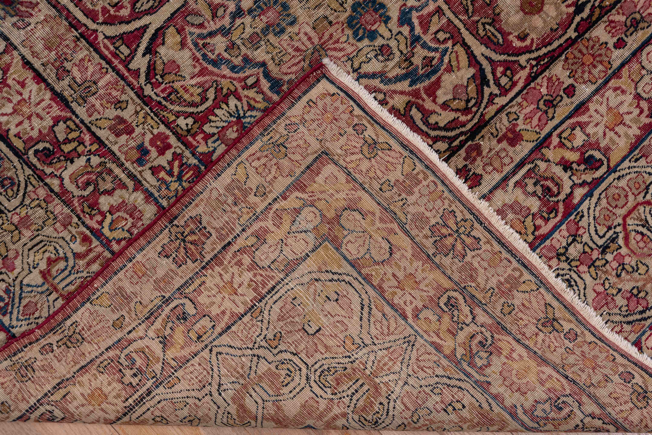 9' x 11' one-of-a-kind handmade antique Lavar large size rug. Color palette: ivory, rose, burgundy, navy, dusty blue, blush