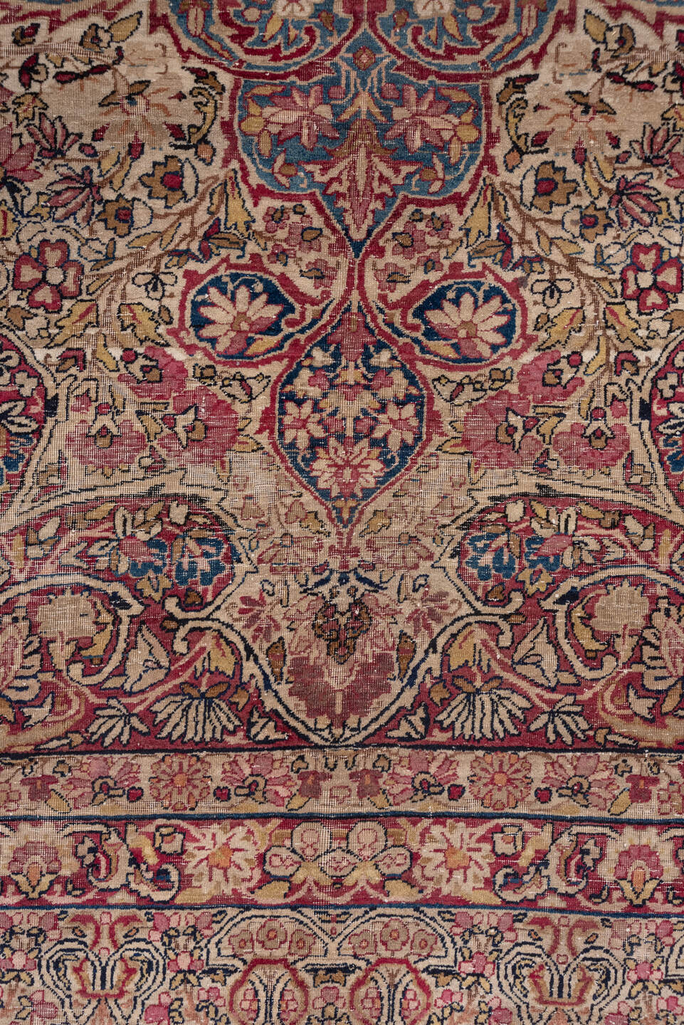 9' x 11' one-of-a-kind handmade antique Lavar large size rug. Color palette: ivory, rose, burgundy, navy, dusty blue, blush