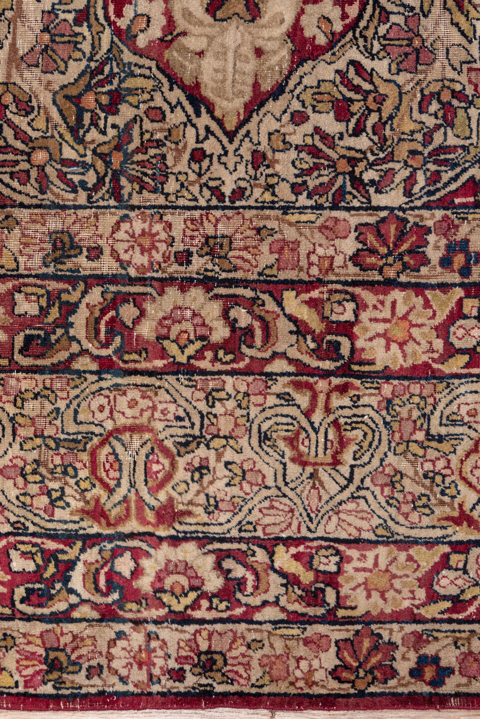 9' x 11' one-of-a-kind handmade antique Lavar large size rug. Color palette: ivory, rose, burgundy, navy, dusty blue, blush