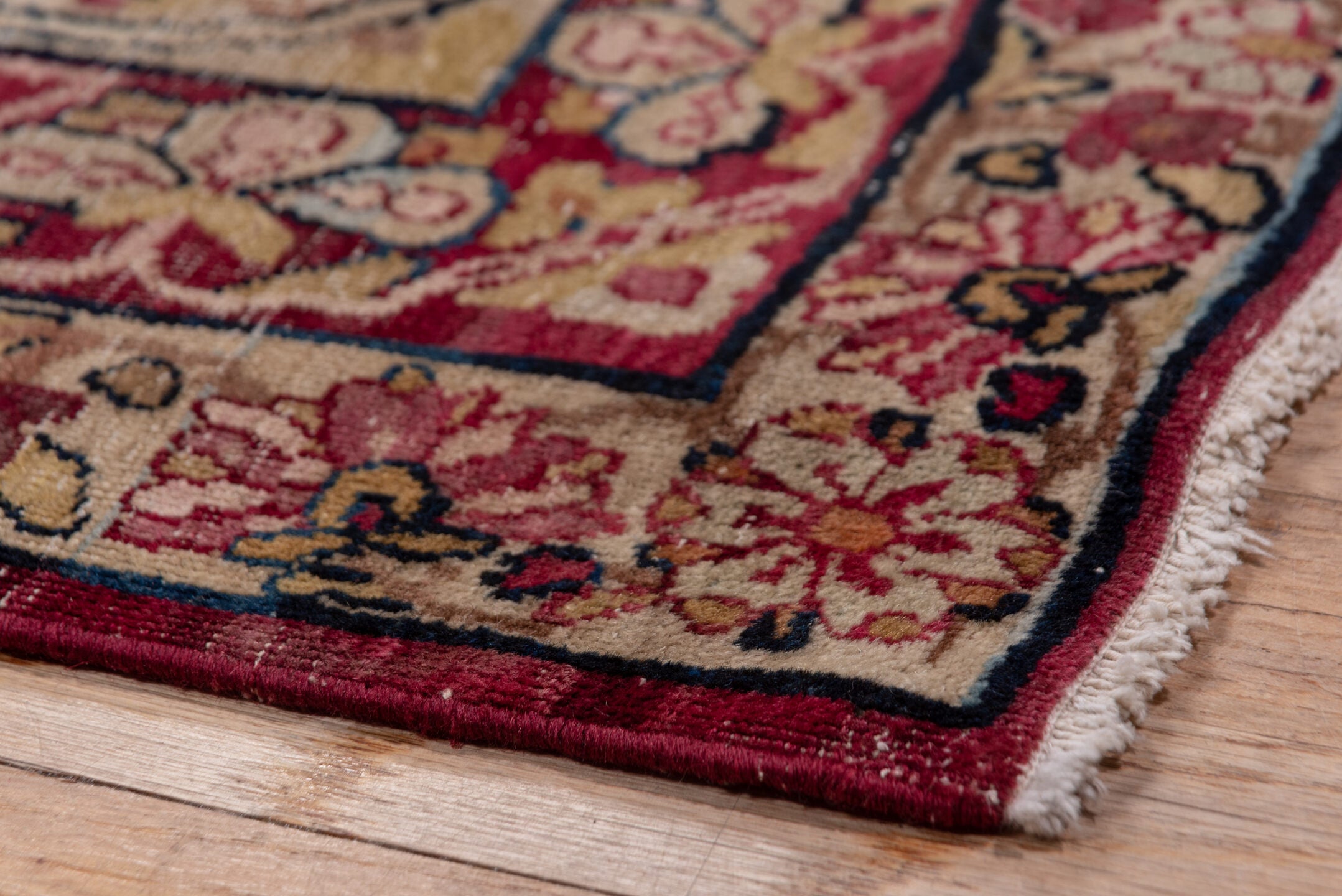 9' x 11' one-of-a-kind handmade antique Lavar large size rug. Color palette: ivory, rose, burgundy, navy, dusty blue, blush