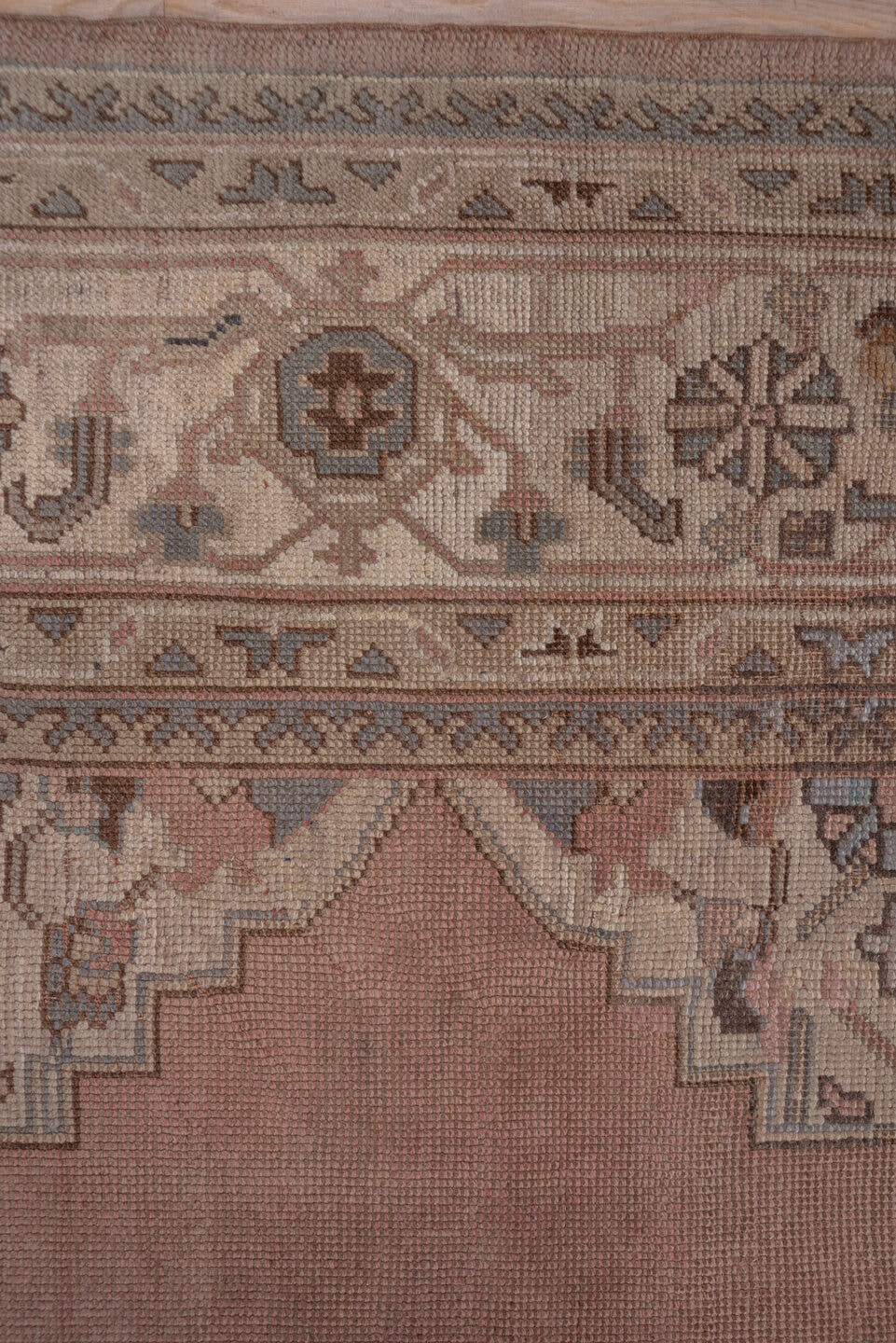 10' x 14' one-of-a-kind handmade vintage Kilim rug. Color palette: rose, ivory, taupe, dusty blue, camel, brown, pink, red