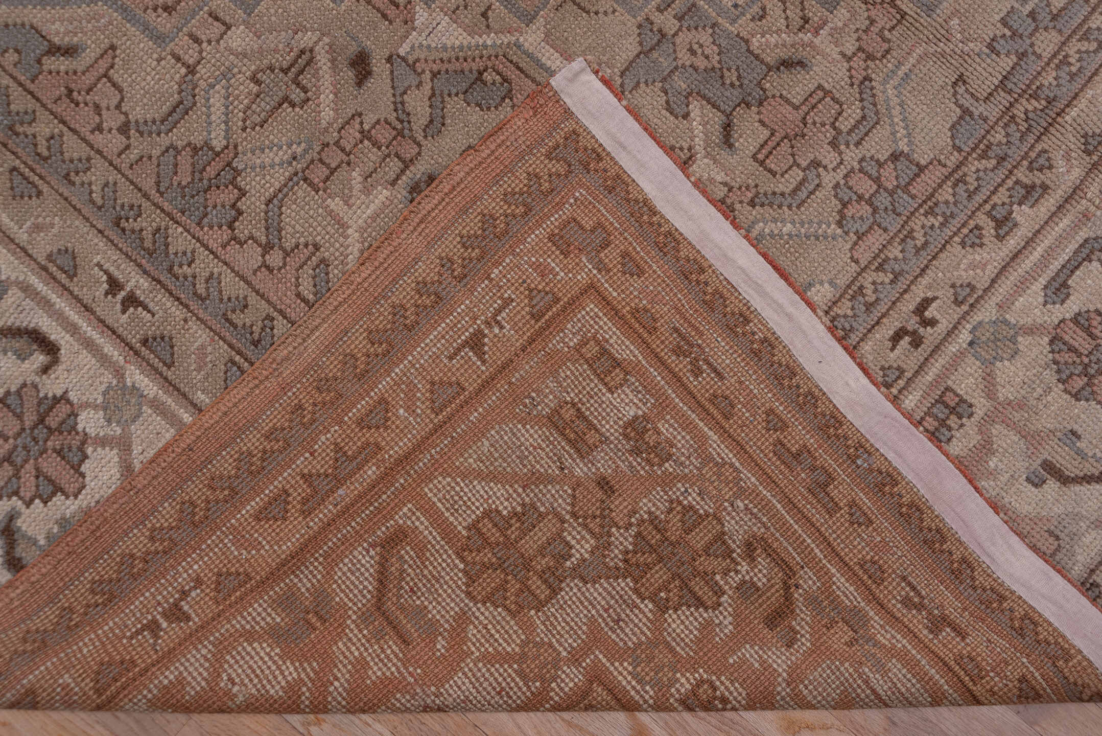 10' x 14' one-of-a-kind handmade vintage Kilim rug. Color palette: rose, ivory, taupe, dusty blue, camel, brown, pink, red