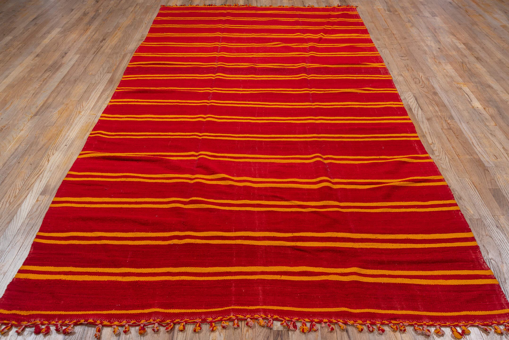 6' x 11' one-of-a-kind handmade vintage Kilim large size rug. Color palette: red, gold, rust, terracotta, brown