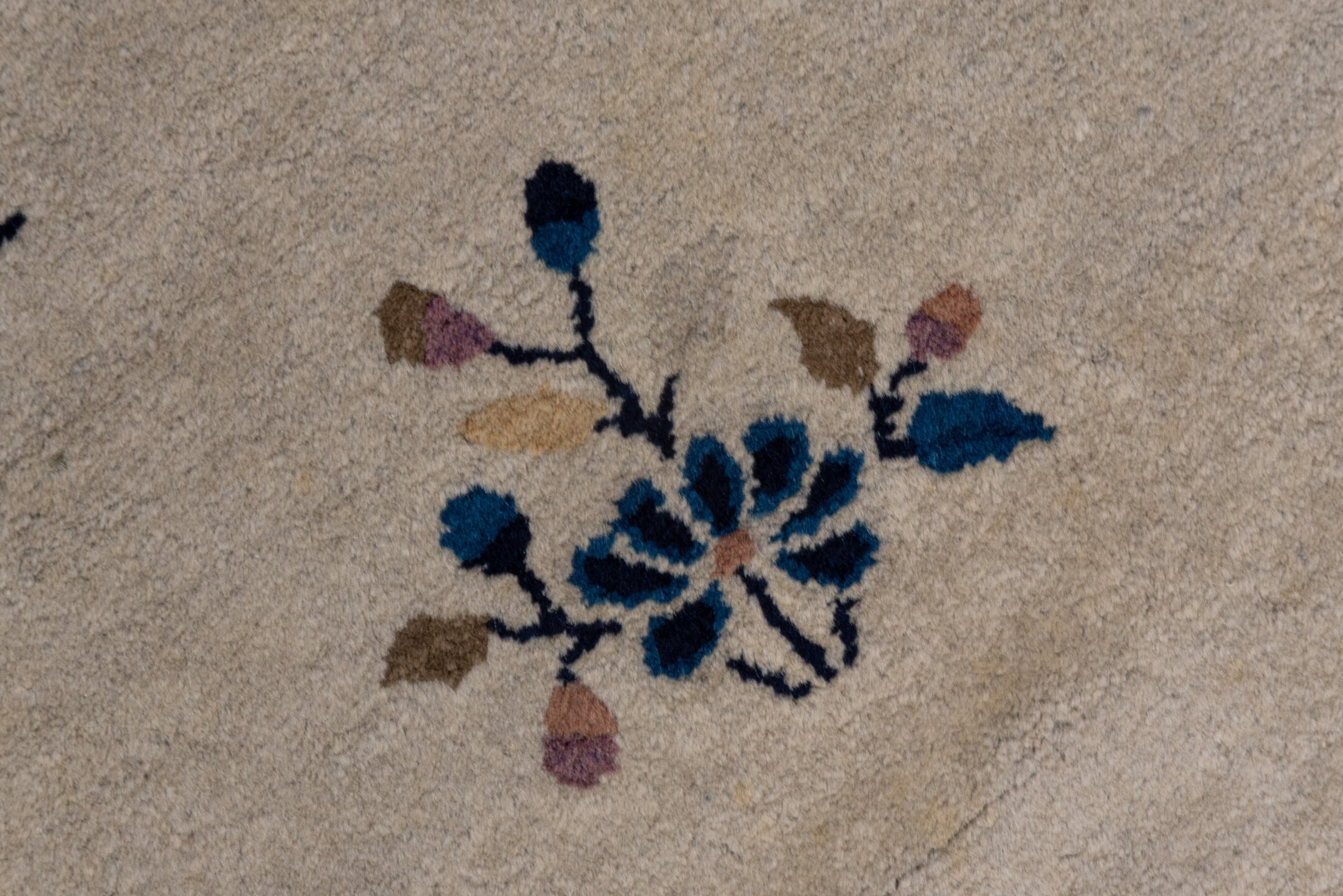 3' x 6' one-of-a-kind handmade vintage Chinese small size rug. Color palette: navy, ivory, blue, lavender, taupe, camel