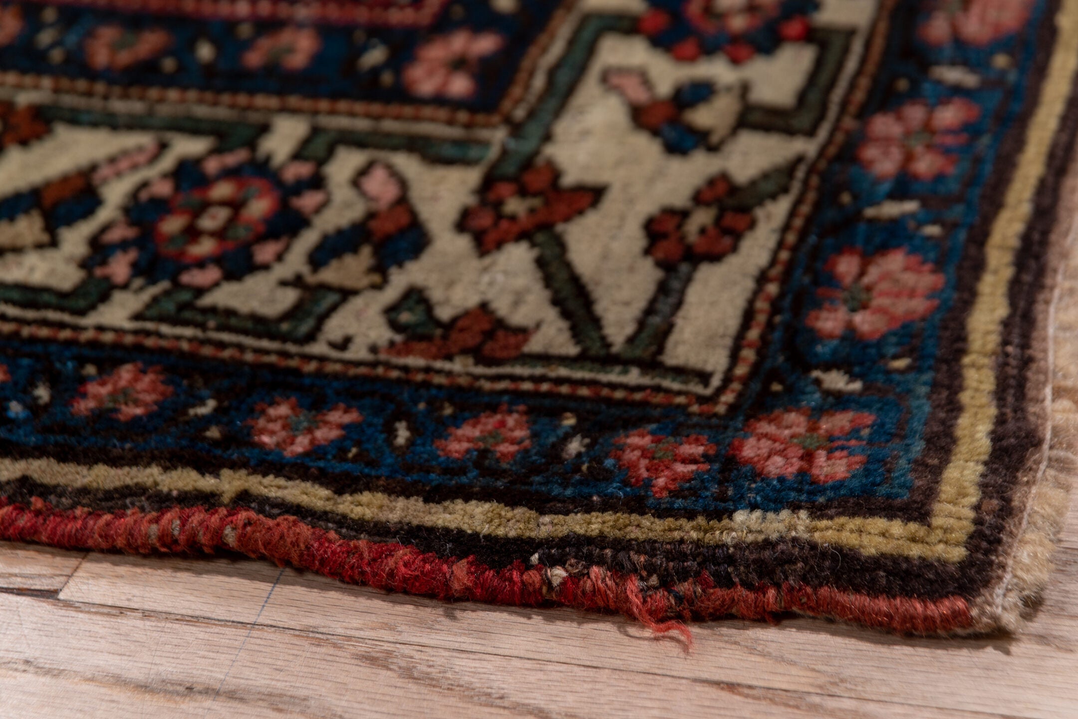 3' x 18' one-of-a-kind handmade antique Bidjar runner rug. Color palette: navy, ivory, rust, camel, rose, slate, blue