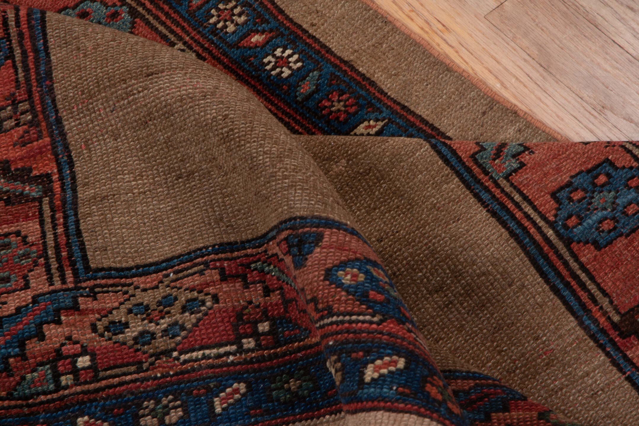 3' x 17' one-of-a-kind handmade vintage Tulu runner rug. Color palette: camel, coral, navy, ivory, taupe, slate, beige