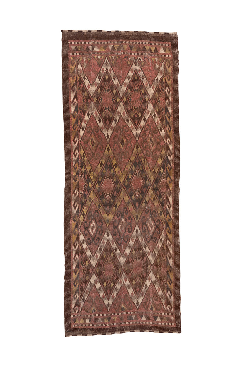 4' x 12' one-of-a-kind handmade vintage Ouzbek runner rug. Color palette: brown, pink, redwood