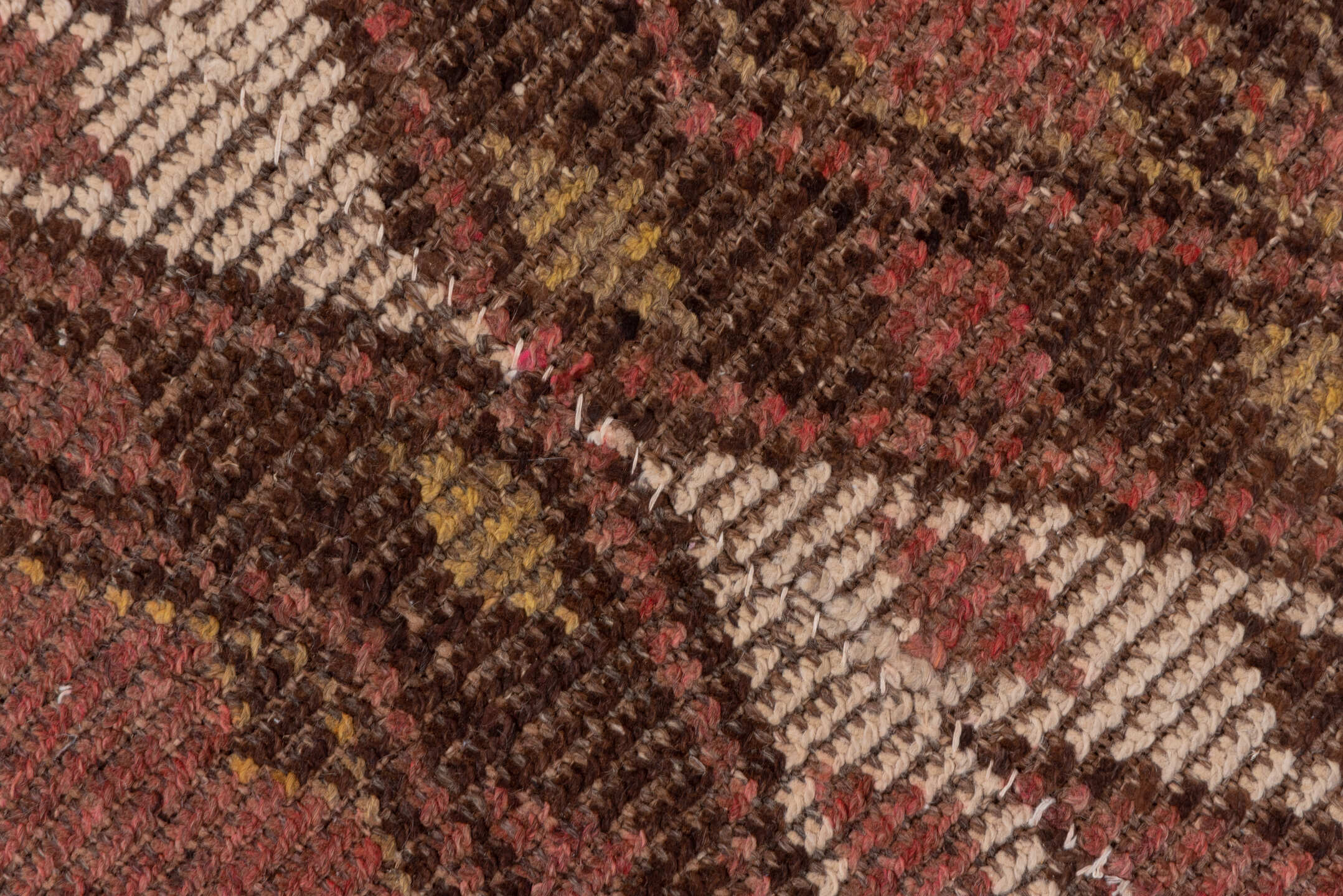 4' x 12' one-of-a-kind handmade antique Ouzbek runner rug. Color palette: rose, brown, ivory, ochre, mahogany, taupe, pink