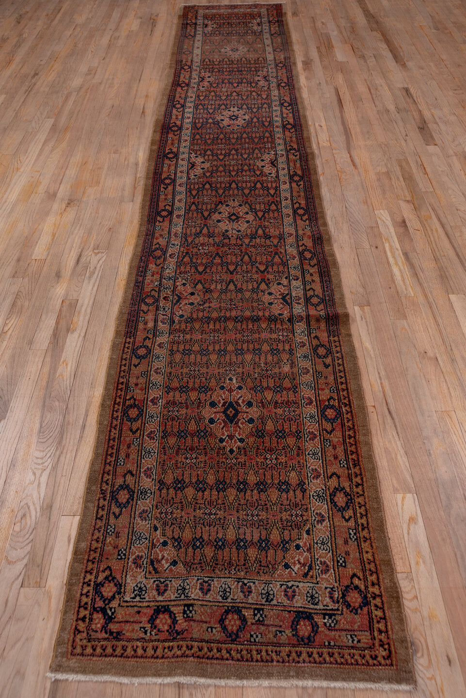 2' x 15' one-of-a-kind handmade vintage Cam Hamadan runner rug. Color palette: brown, gray, off-white, pink, red, redwood