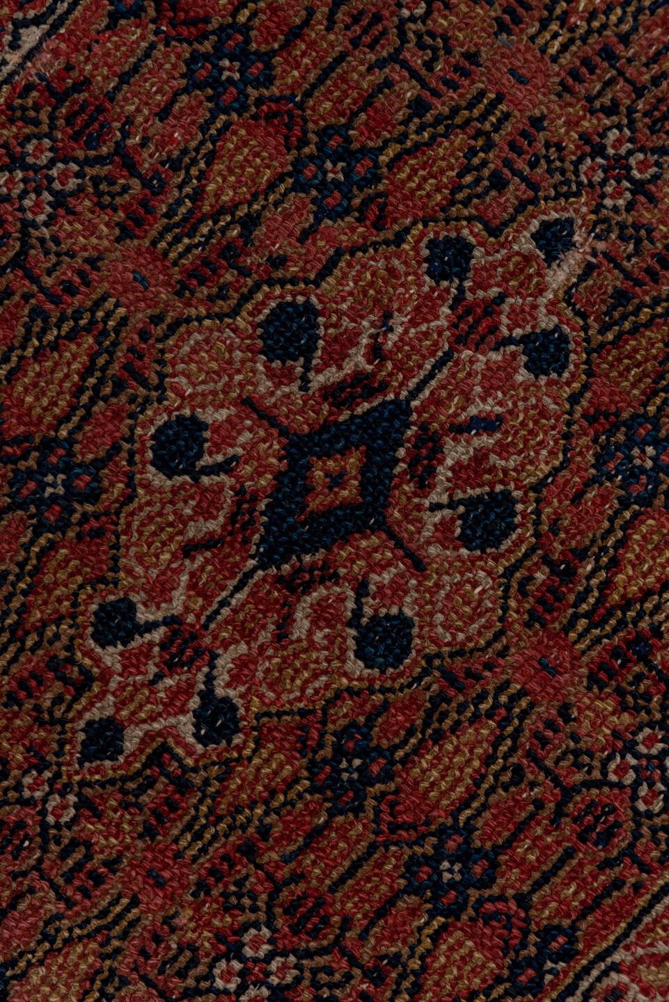 2' x 15' one-of-a-kind handmade antique Cam Hamadan runner rug. Color palette: terra cotta, navy, camel, rust, ivory, brown