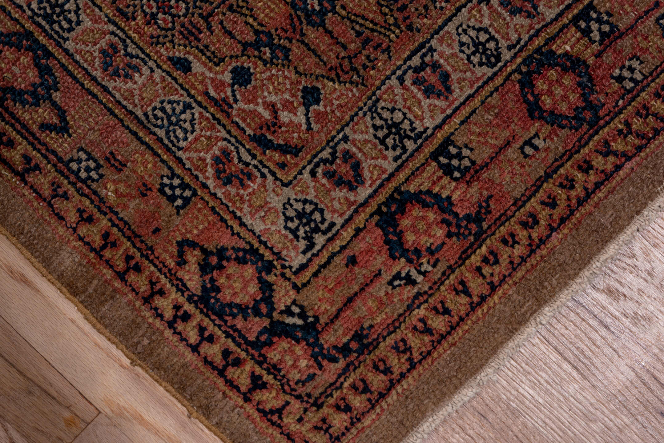 2' x 15' one-of-a-kind handmade antique Cam Hamadan runner rug. Color palette: terra cotta, navy, camel, rust, ivory, brown