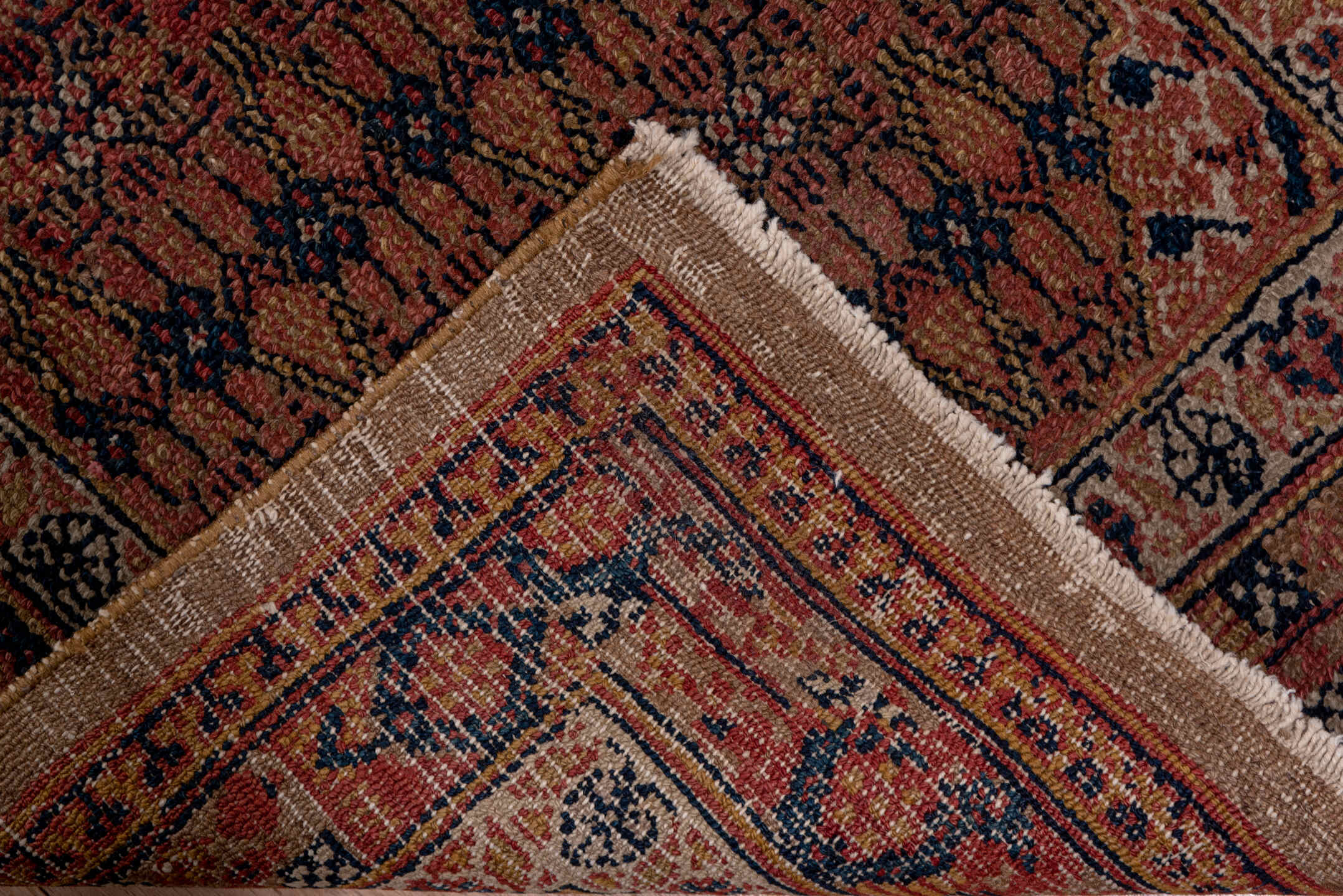2' x 15' one-of-a-kind handmade antique Cam Hamadan runner rug. Color palette: terra cotta, navy, camel, rust, ivory, brown