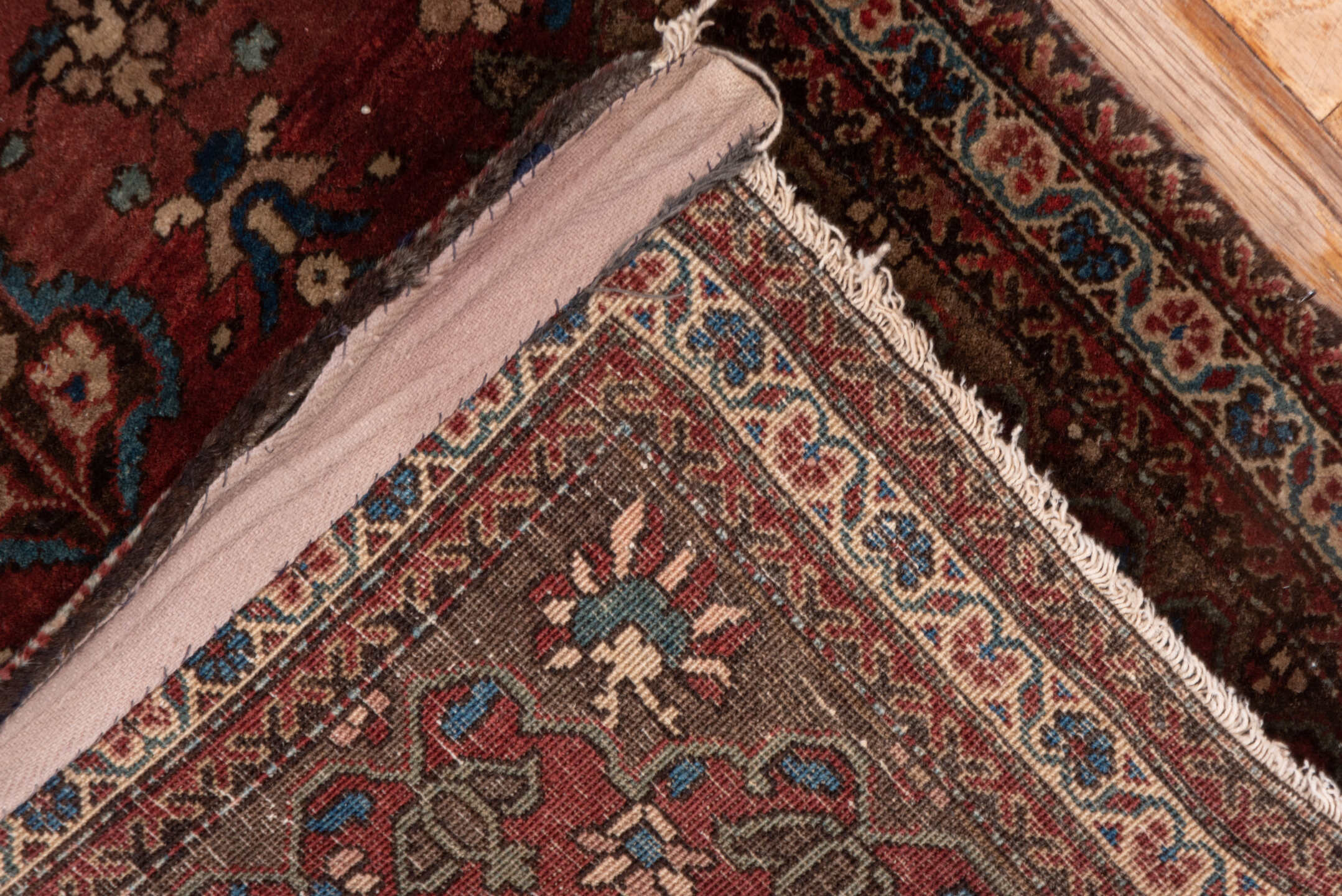 1' x 2' one-of-a-kind handmade antique Sarouk small size rug. Color palette: rust, burgundy, ivory, navy, camel, rose, brown