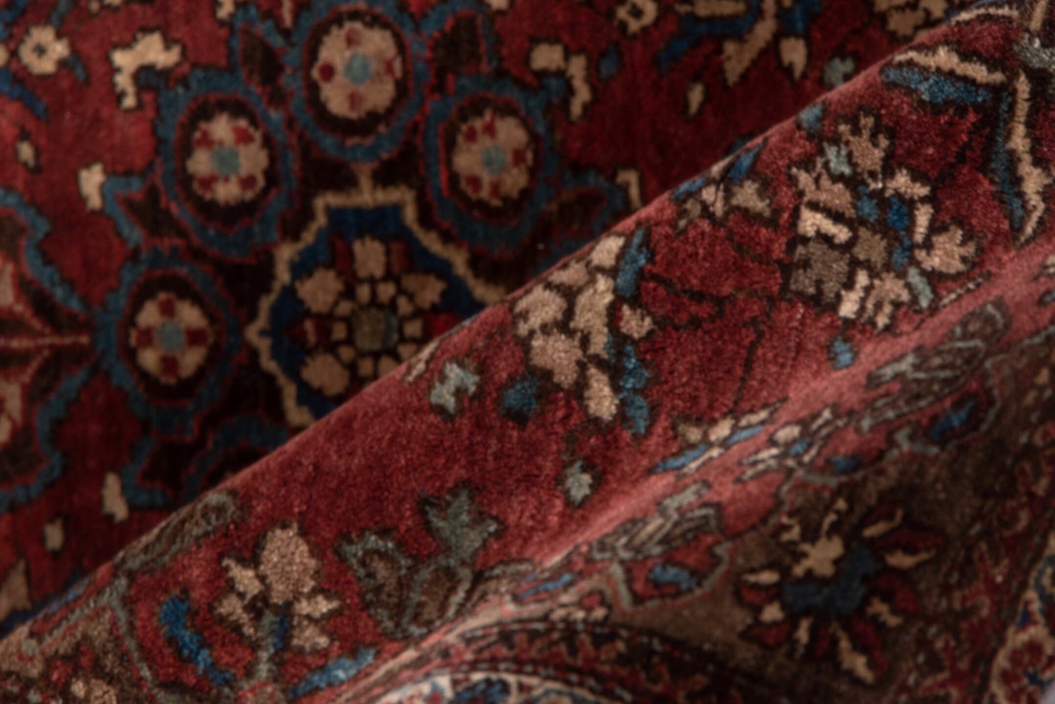 1' x 2' one-of-a-kind handmade antique Sarouk small size rug. Color palette: rust, burgundy, ivory, navy, camel, rose, brown