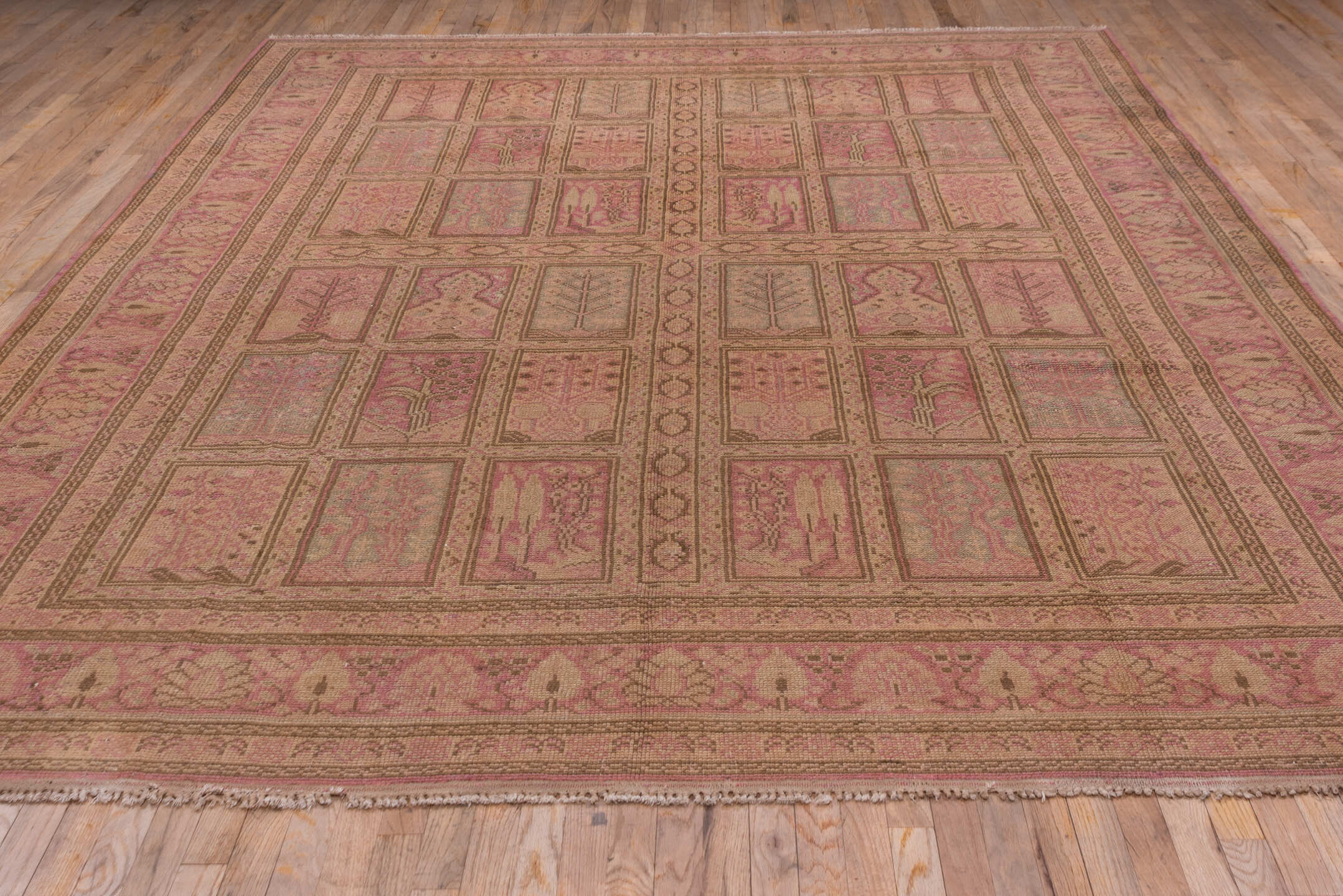 8' x 12' one-of-a-kind handmade vintage Oushak large size rug. Color palette: brown, pink, red, redwood