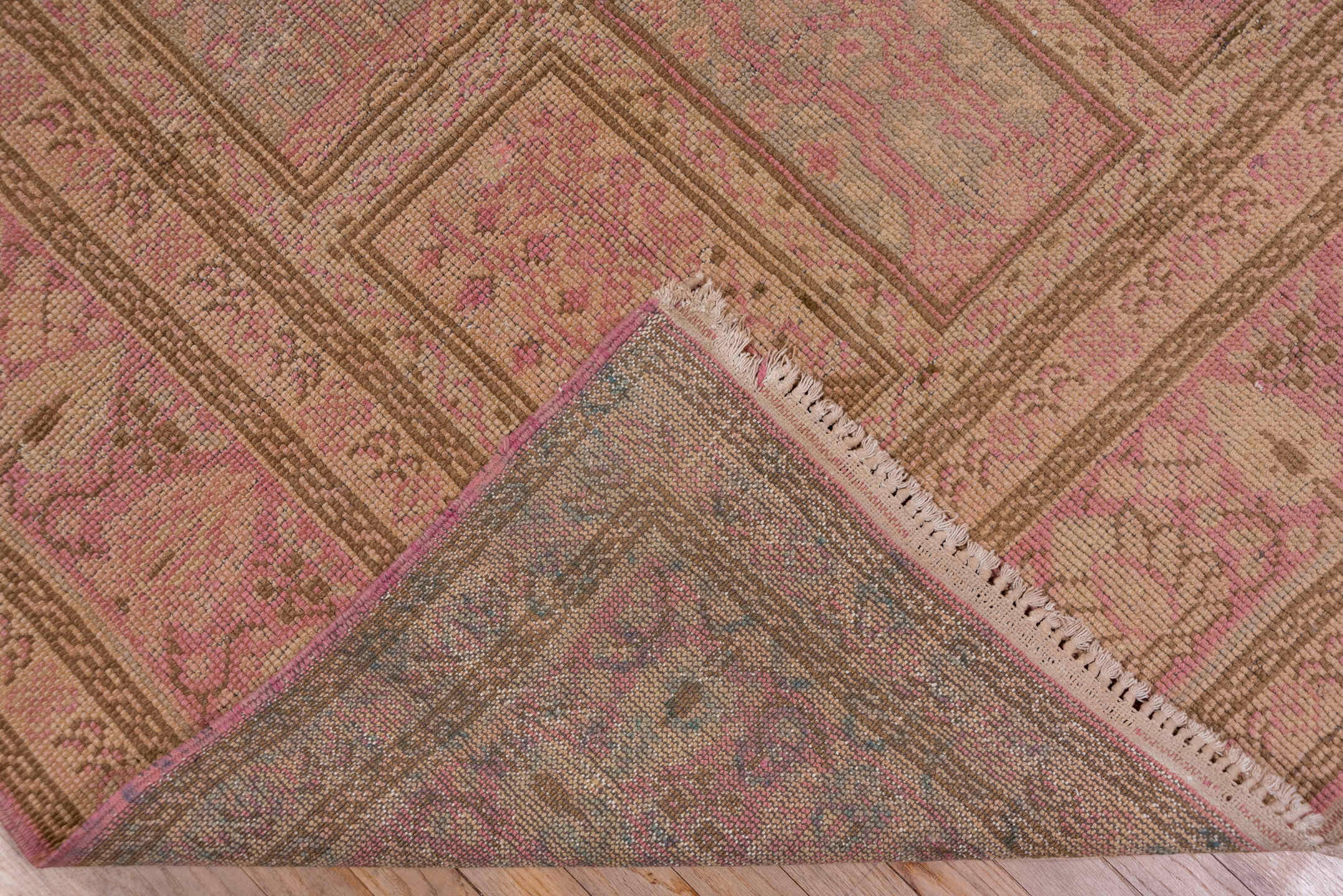 8' x 12' one-of-a-kind handmade vintage Oushak large size rug. Color palette: brown, pink, red, redwood