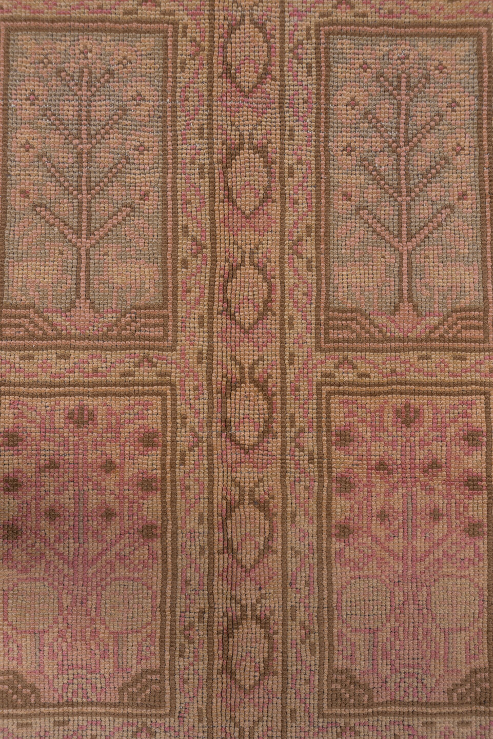 8' x 12' one-of-a-kind handmade vintage Oushak large size rug. Color palette: brown, pink, red, redwood