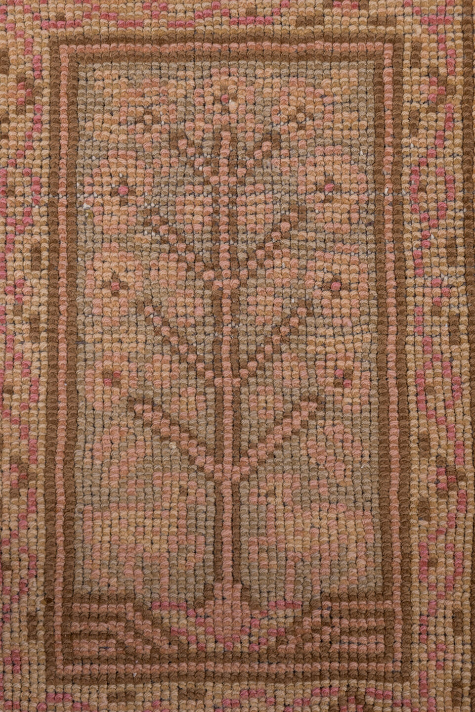 8' x 12' one-of-a-kind handmade vintage Oushak large size rug. Color palette: brown, pink, red, redwood