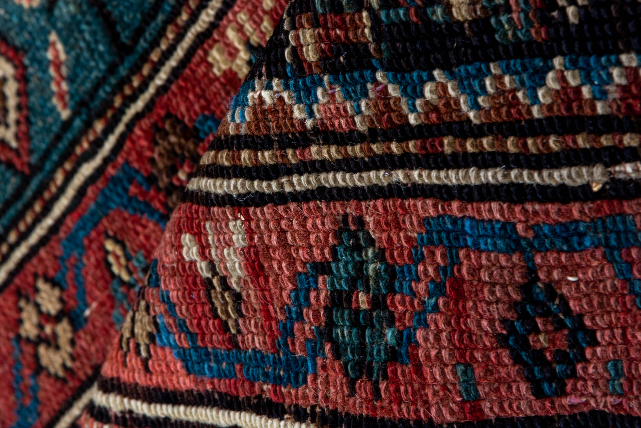 2' x 12' one-of-a-kind handmade antique Caucasian runner rug. Color palette: navy, rust, slate, ivory, rose, teal, charcoal