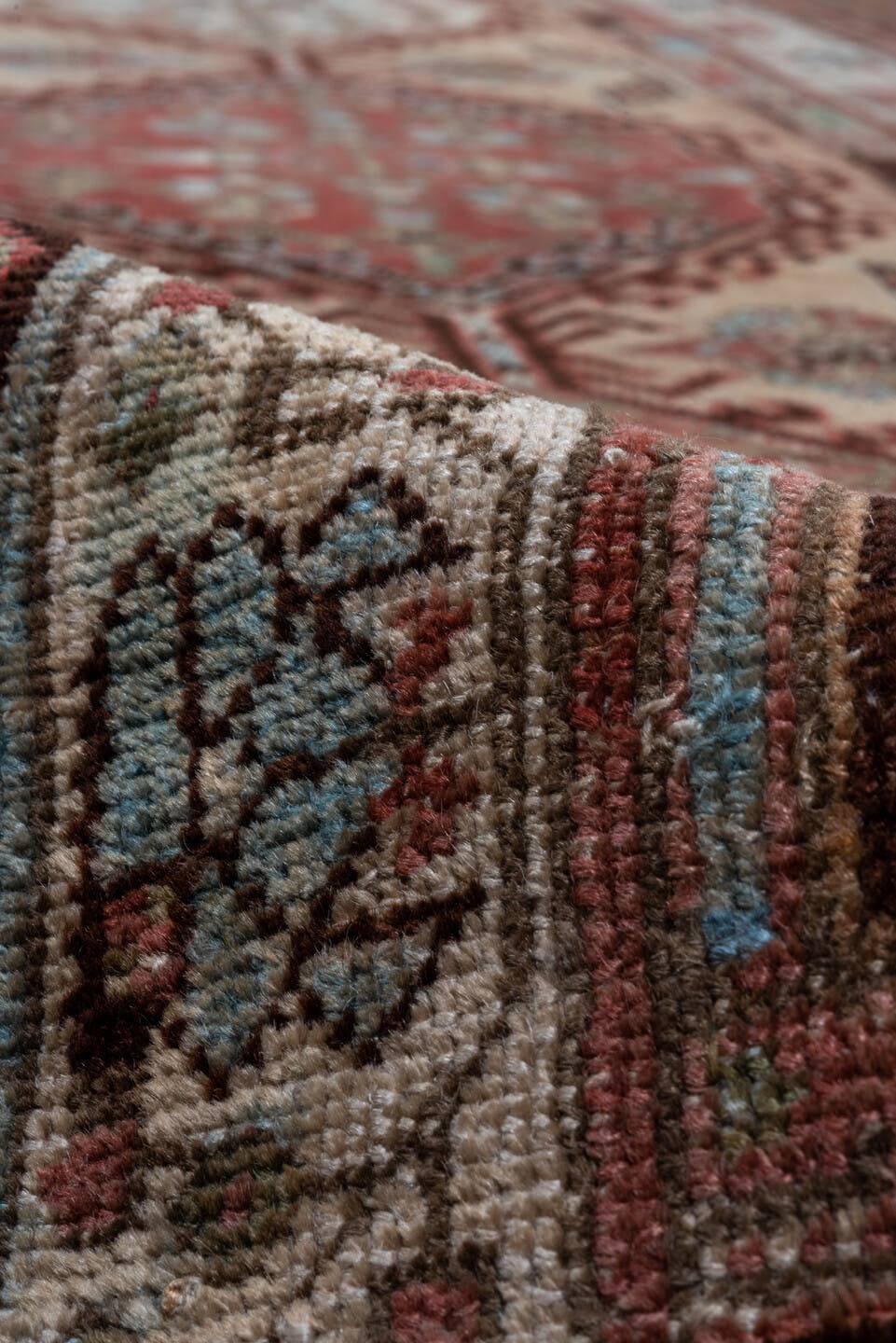 2' x 17' one-of-a-kind handmade antique Sarab runner rug. Color palette: rust, ivory, brick, camel, slate, charcoal, taupe