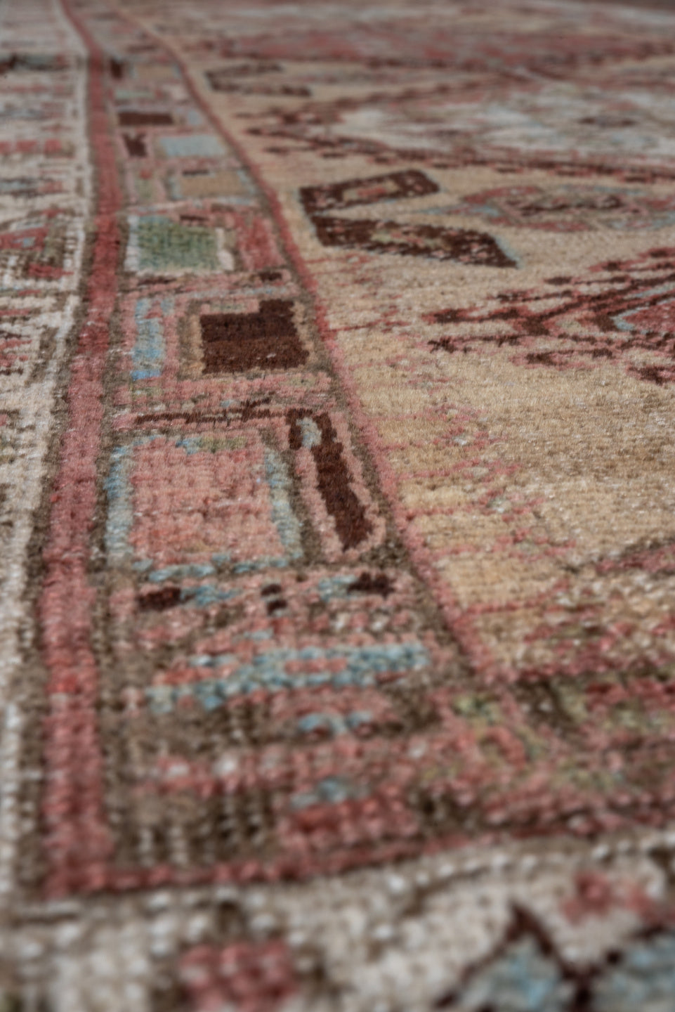 2' x 17' one-of-a-kind handmade vintage Sarab runner rug. Color palette: brown, dim gray, gray, off-white, pink, red