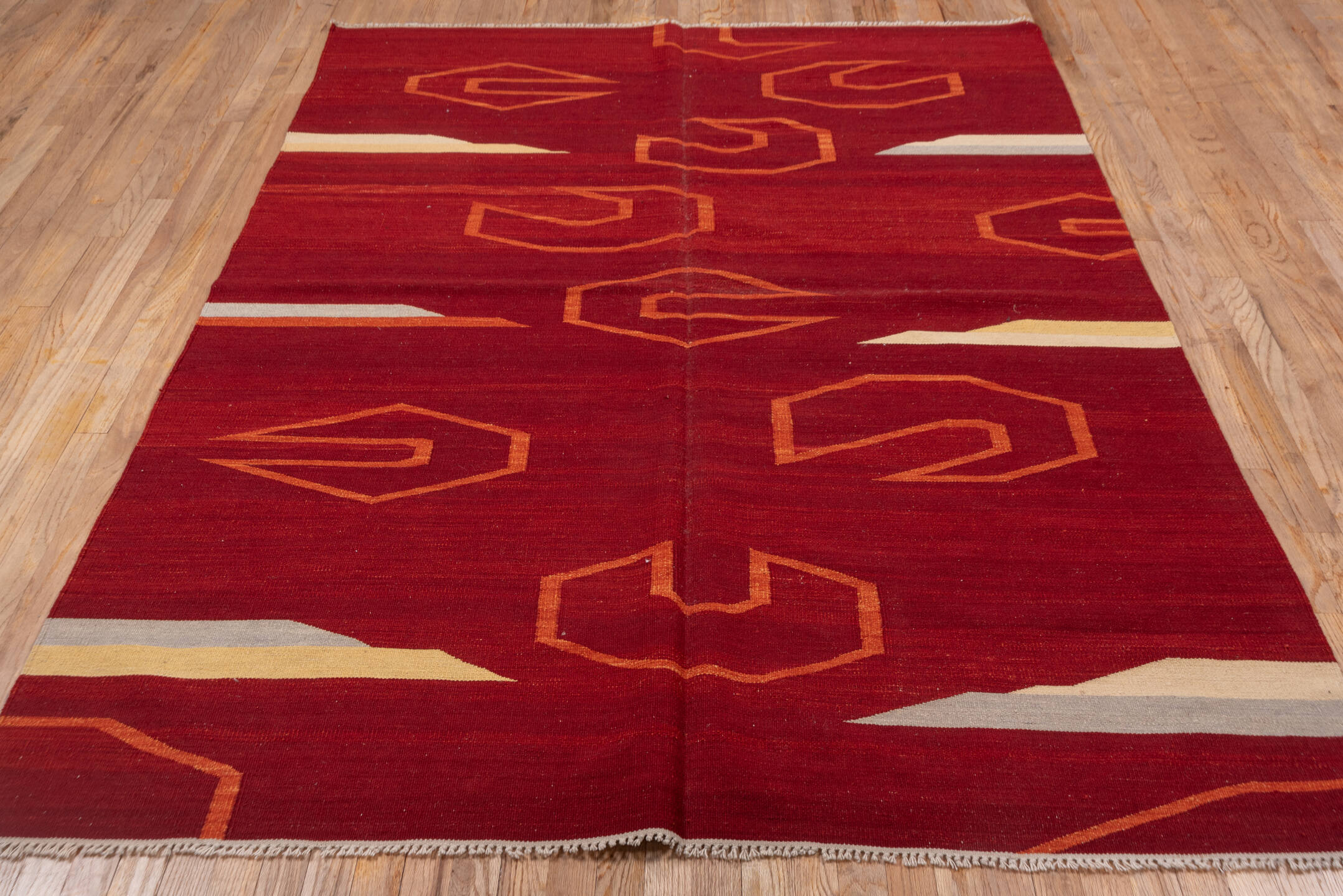 5' x 8' one-of-a-kind handmade vintage Kilim medium size rug. Color palette: brown, off-white, pink, red, snow, white