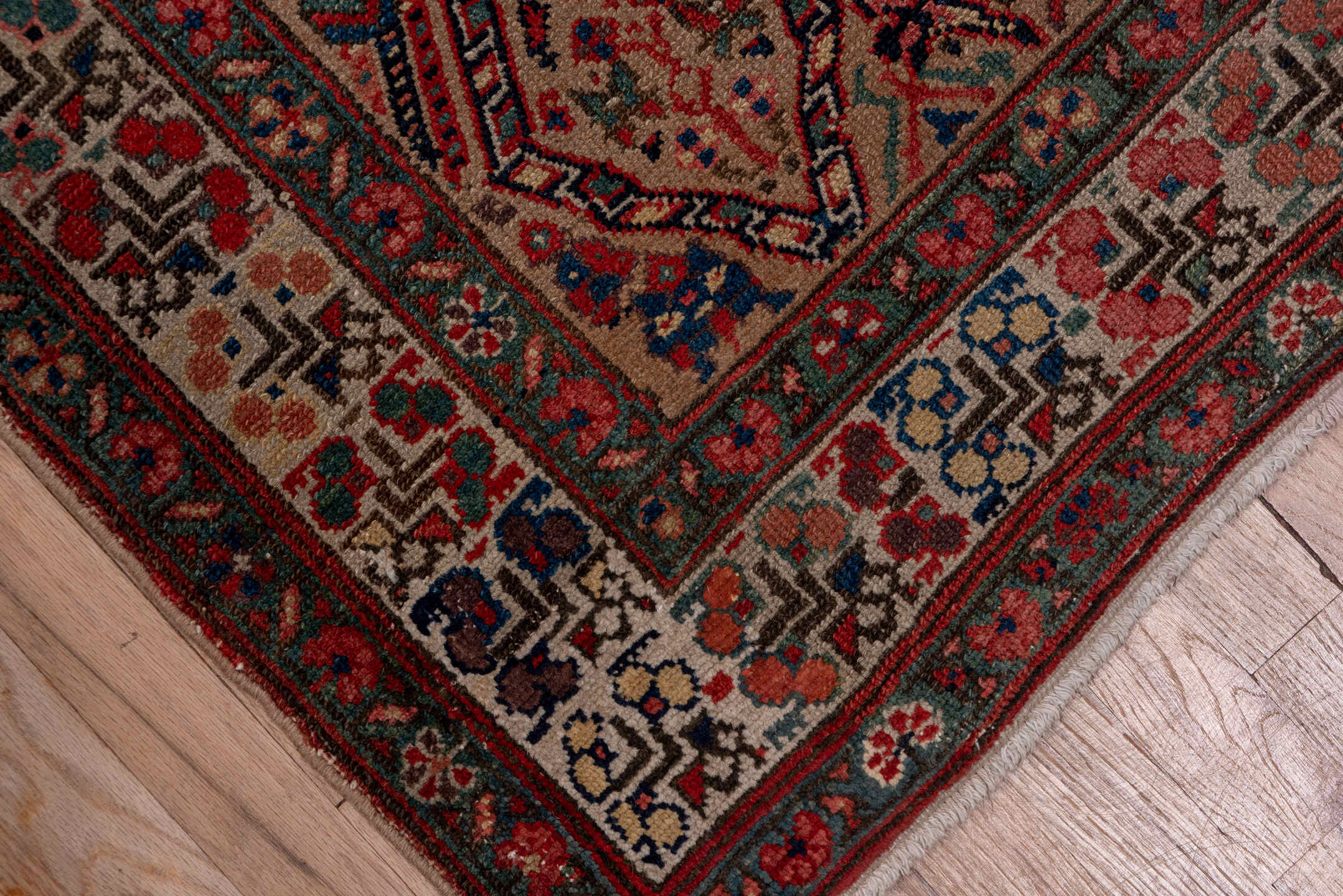 2' x 18' one-of-a-kind handmade vintage Cam Hamadan runner rug. Color palette: brown, gray, off-white, pink, red, snow