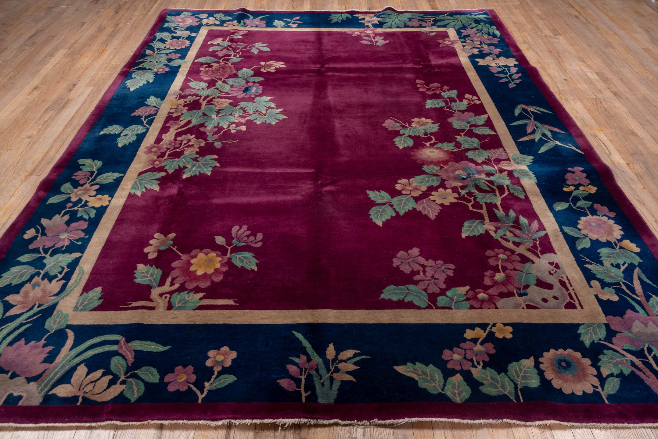 3' x 19' one-of-a-kind handmade vintage Tulu runner rug. Color palette: magenta, navy, sage, ivory, rose, dusty pink, teal