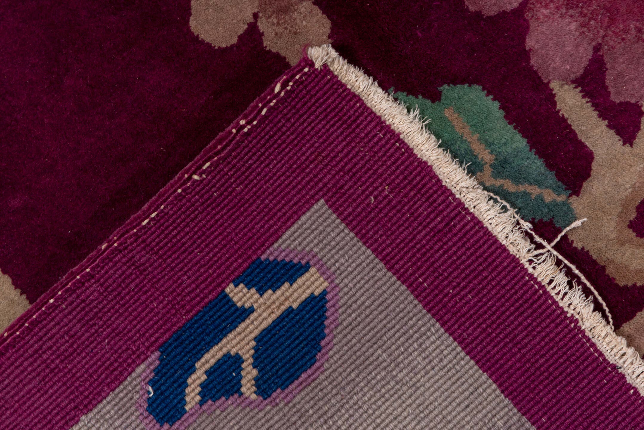 3' x 19' one-of-a-kind handmade vintage Tulu runner rug. Color palette: magenta, navy, sage, ivory, rose, dusty pink, teal
