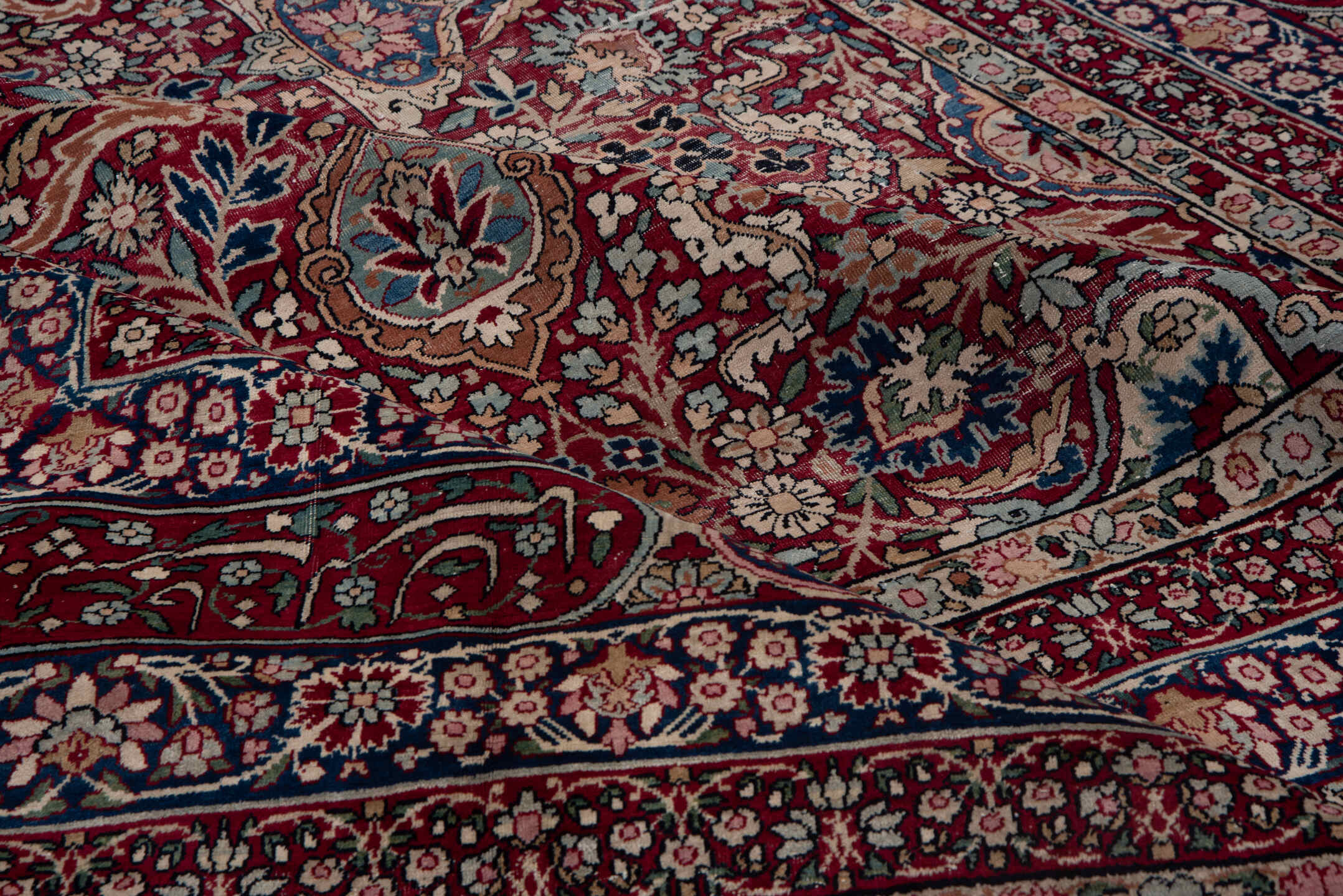 6' x 8' one-of-a-kind handmade antique Lavar medium size rug. Color palette: burgundy, ivory, navy, soft blue, rose, taupe