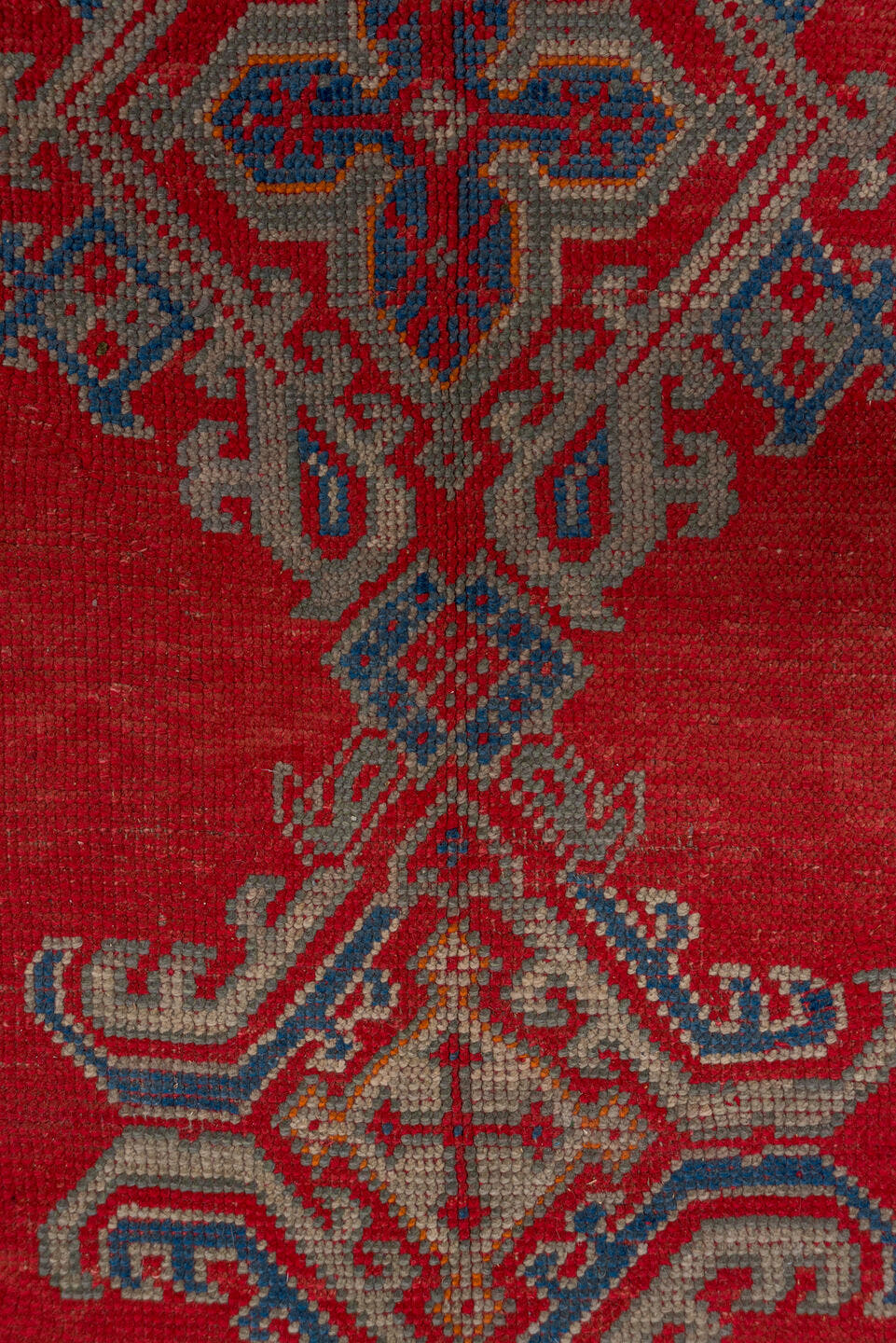 2' x 10' one-of-a-kind handmade vintage Tulu runner rug. Color palette: red, ivory, blue gray, taupe, crimson, gray, blue