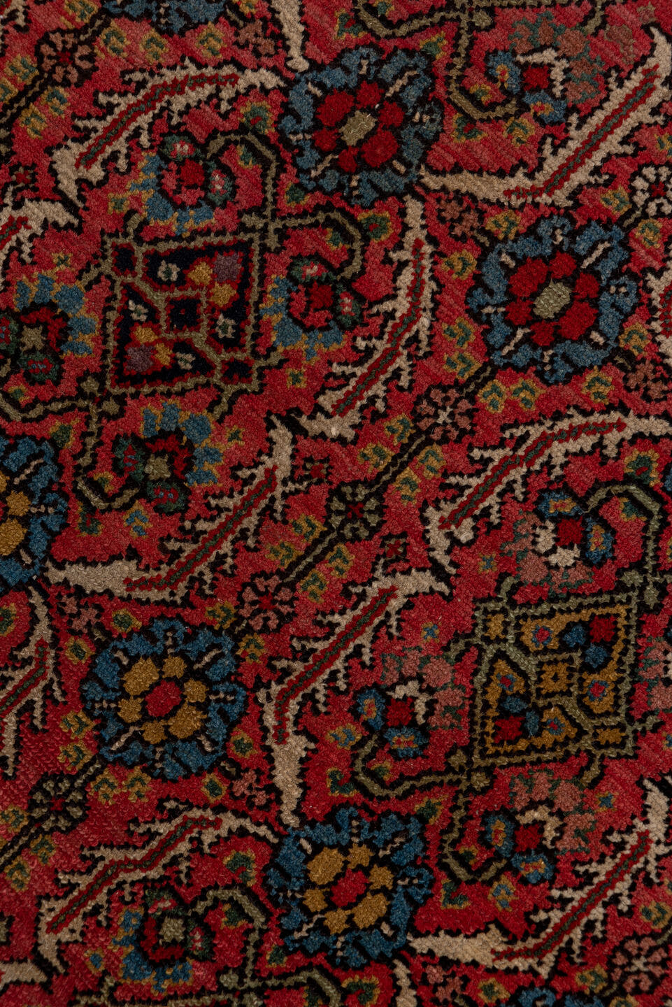 3' x 15' one-of-a-kind handmade antique NW Persian runner rug. Color palette: rust, navy, ivory, rose, gold, camel, charcoal