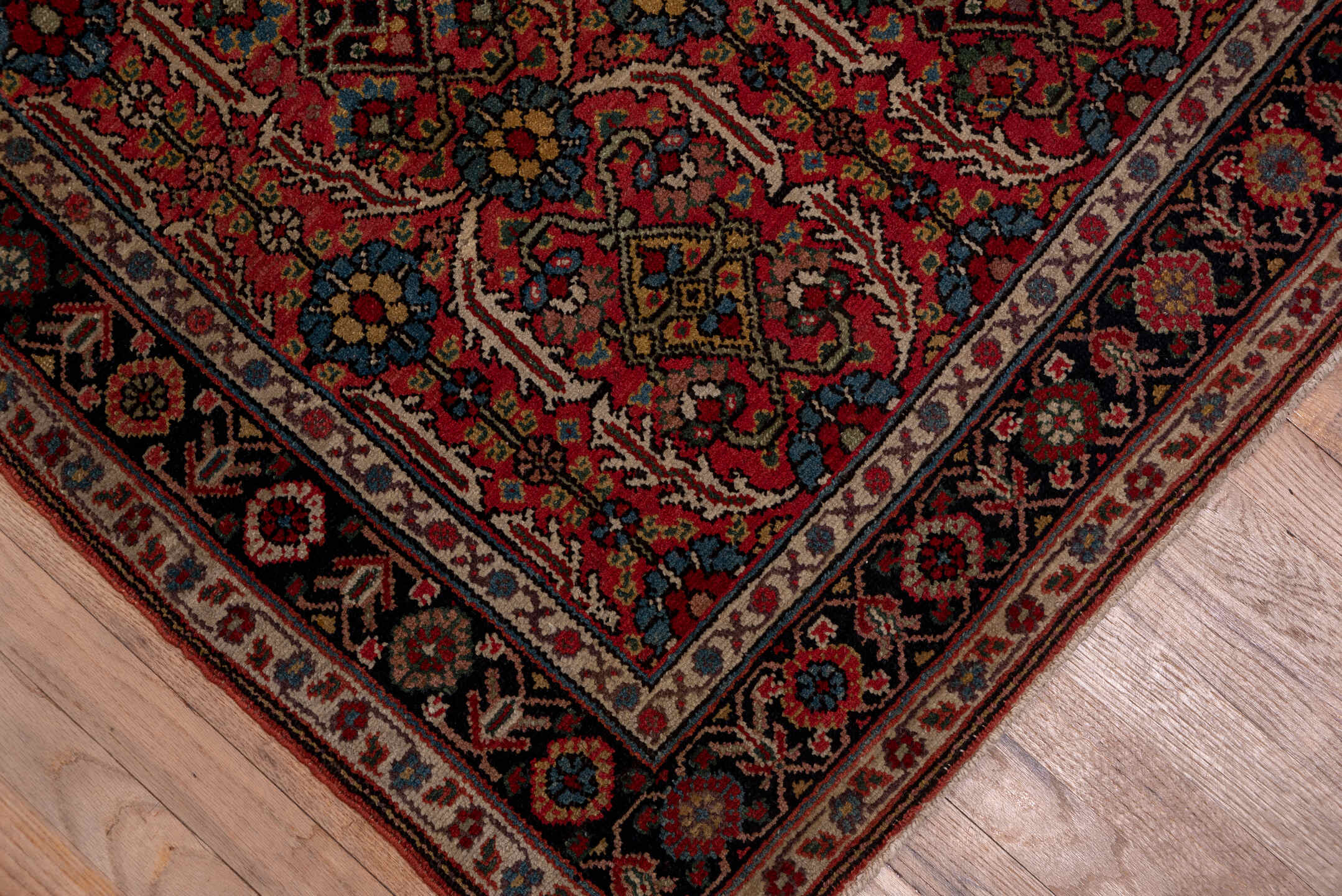 3' x 15' one-of-a-kind handmade antique NW Persian runner rug. Color palette: rust, navy, ivory, rose, gold, camel, charcoal