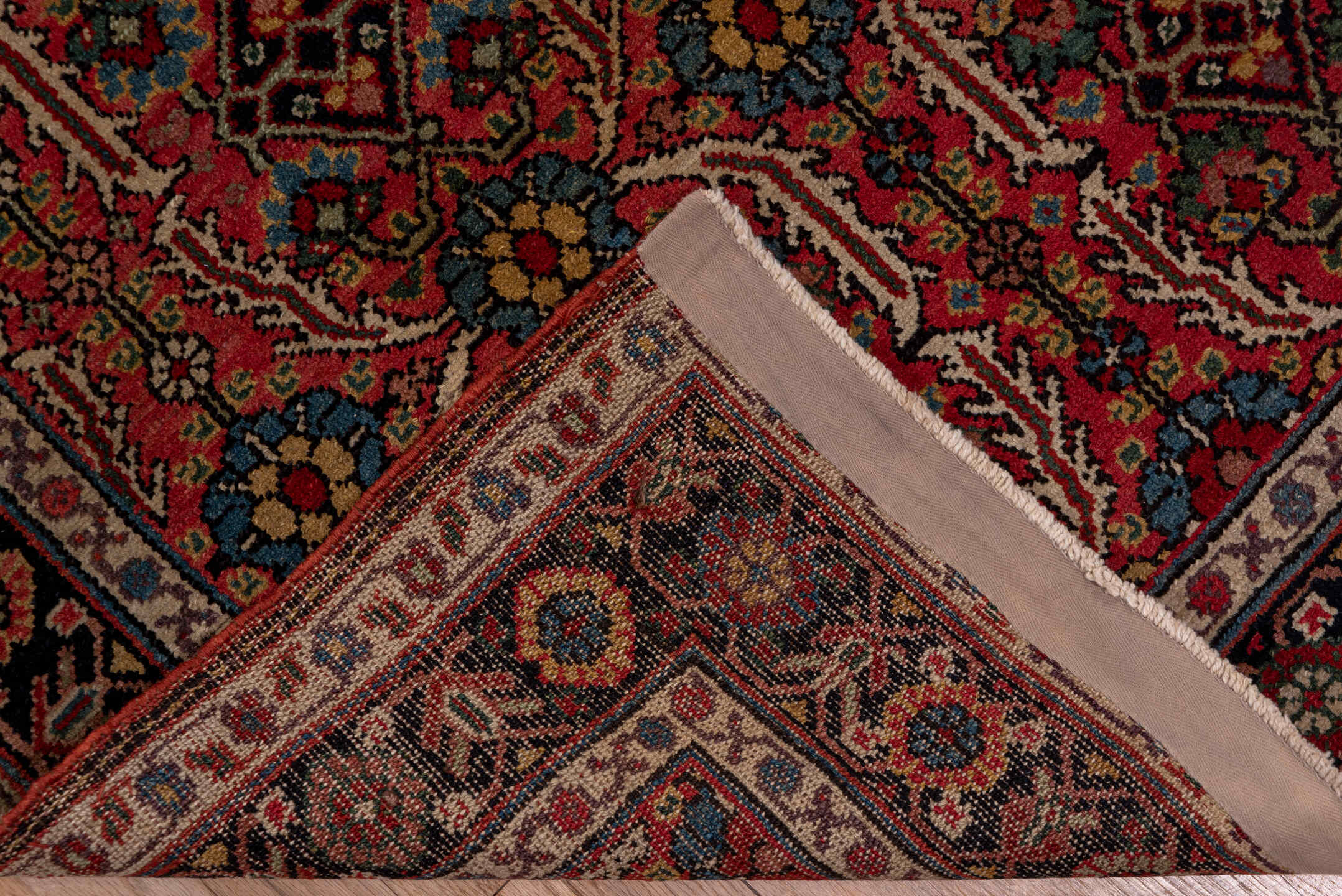 3' x 15' one-of-a-kind handmade antique NW Persian runner rug. Color palette: rust, navy, ivory, rose, gold, camel, charcoal