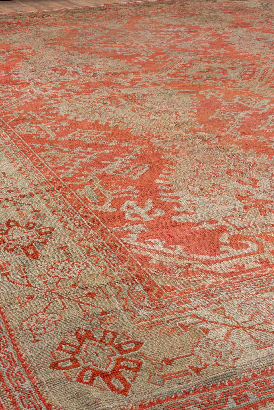 13' x 18' one-of-a-kind handmade antique Oushak oversize rug. Color palette: coral, ivory, terra cotta, salmon, beige