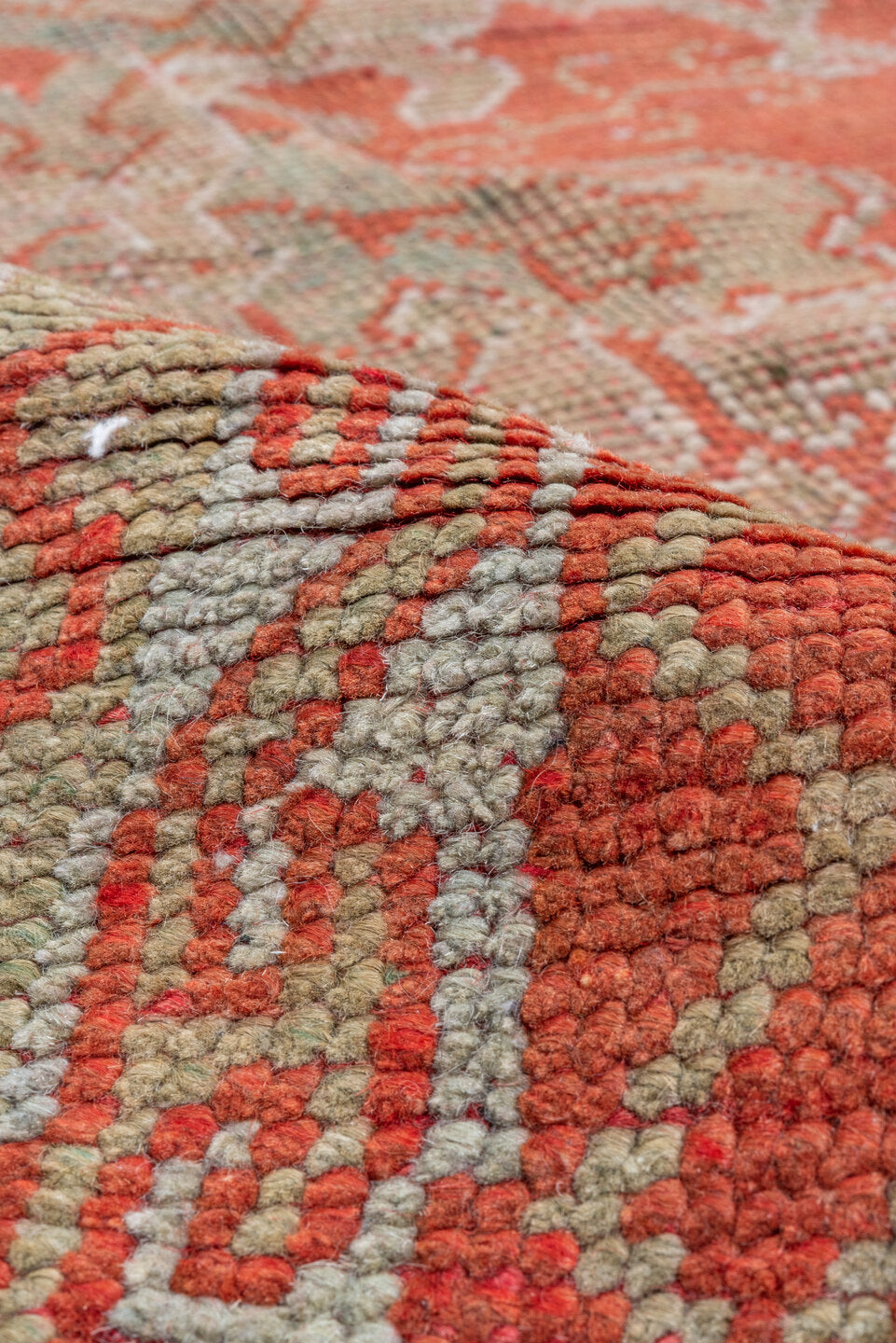 13' x 18' one-of-a-kind handmade vintage Oushak oversize rug. Color palette: brown, gray, light gray, off-white, pink, red