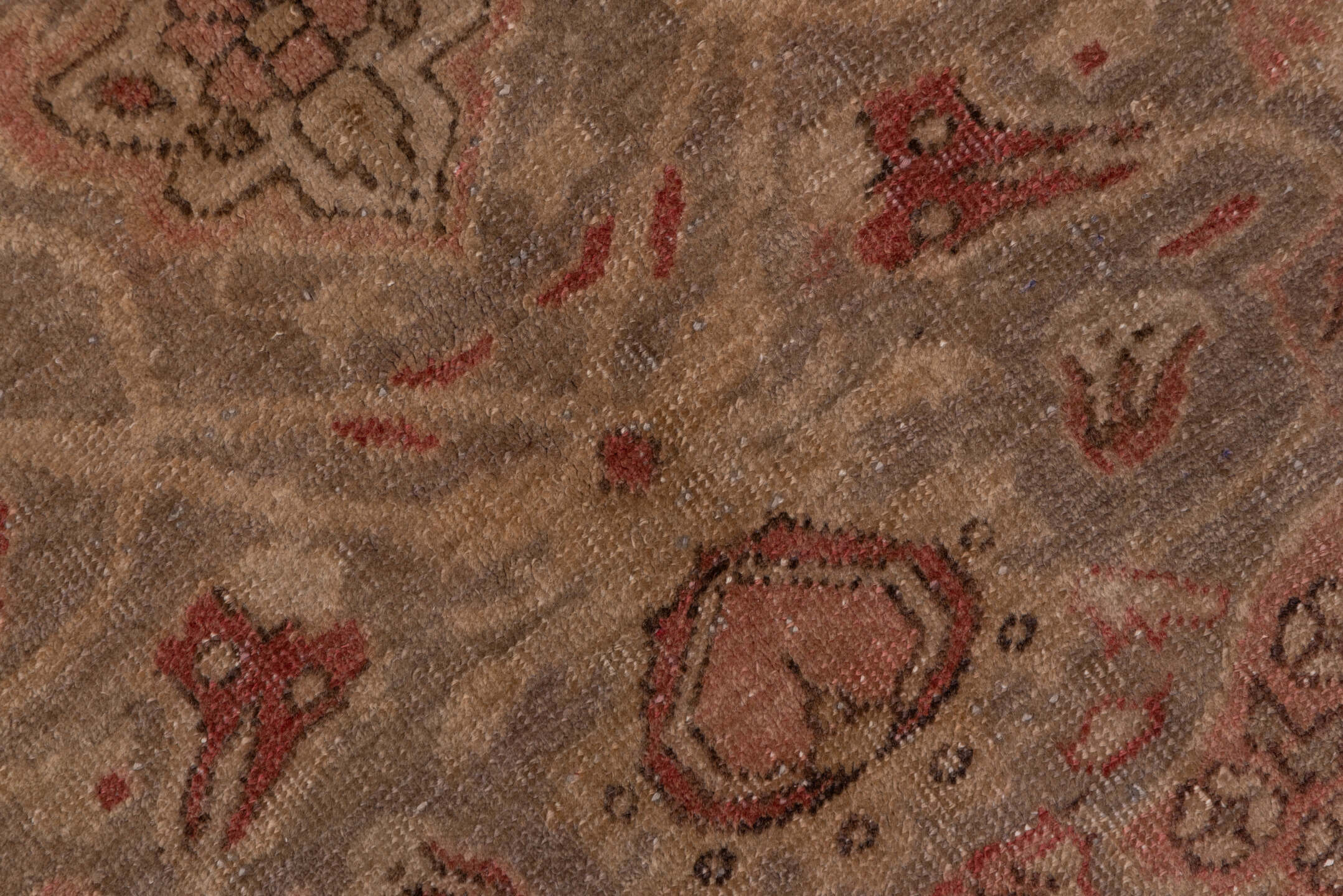 4' x 7' one-of-a-kind handmade vintage Oushak rug. Color palette: brown, gray, light gray, off-white, pink, red, snow, white