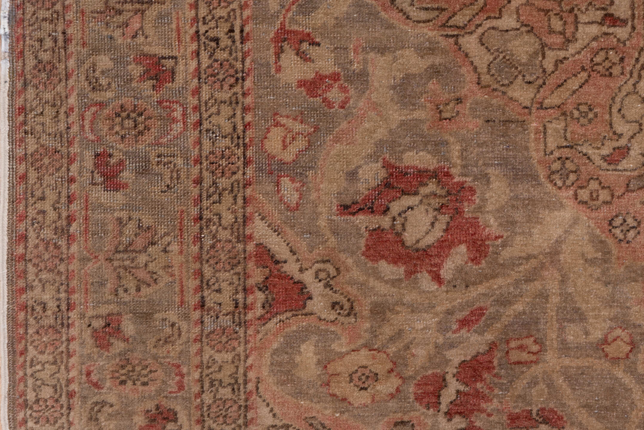 4' x 7' one-of-a-kind handmade vintage Oushak rug. Color palette: brown, gray, light gray, off-white, pink, red, snow, white