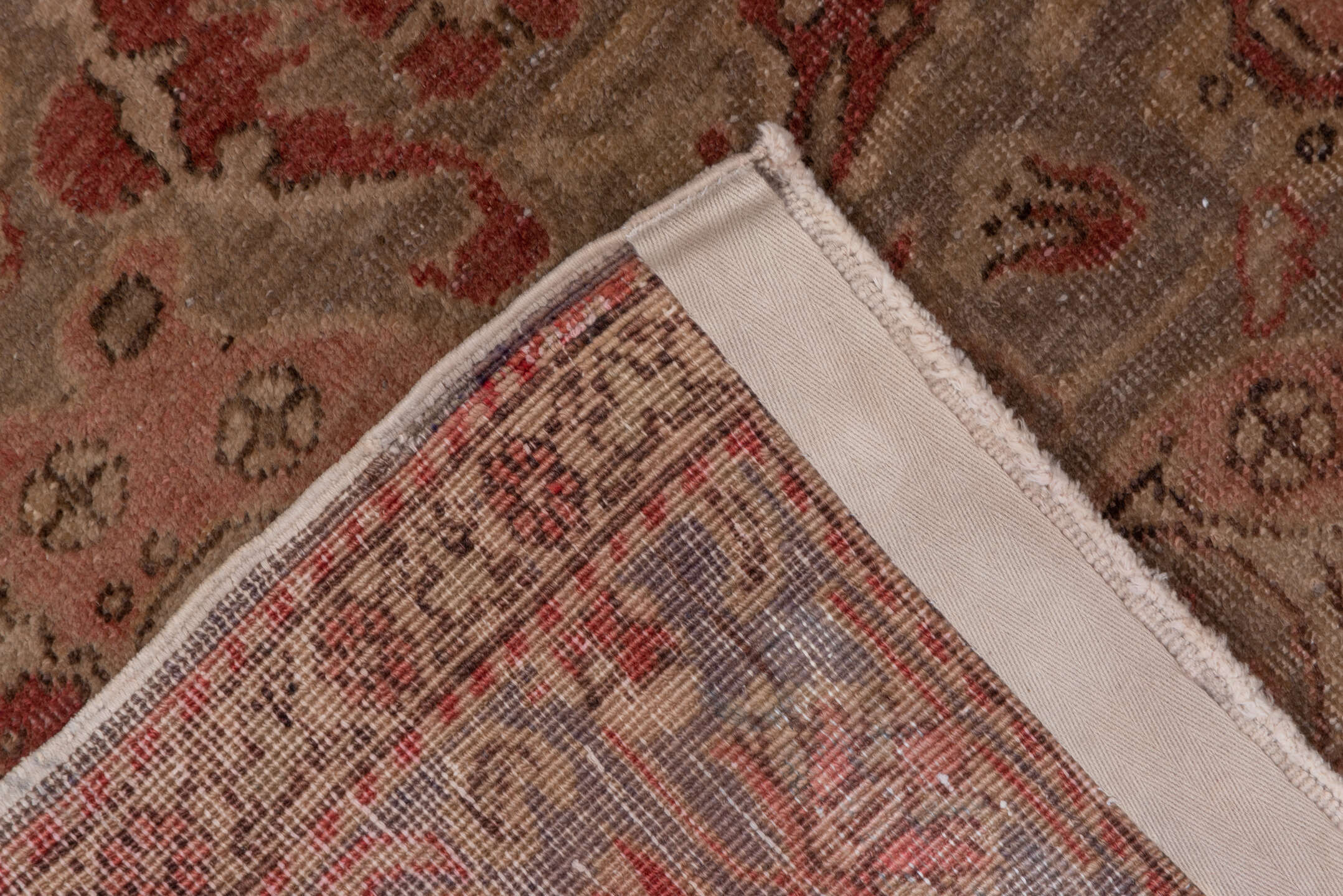 4' x 7' one-of-a-kind handmade antique Oushak rug. Color palette: taupe, rose, rust, ivory, terra cotta, beige, sage, gray